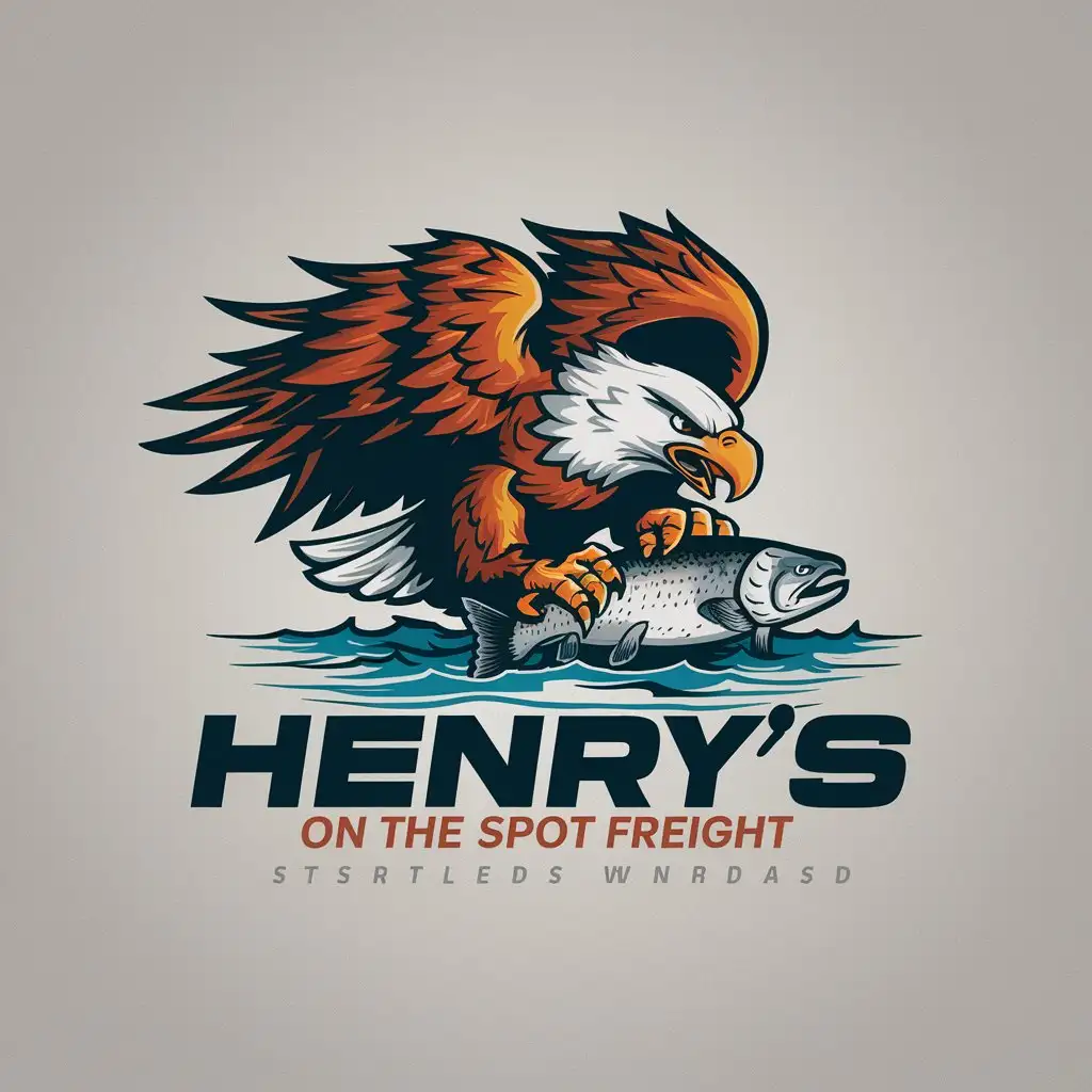 a logo design,with the text "HENRY’s On the spot freight", main symbol:A fierce eagle spreads wings and feathers while grasping a salmon in its claws just above the water below,Moderate,clear background
