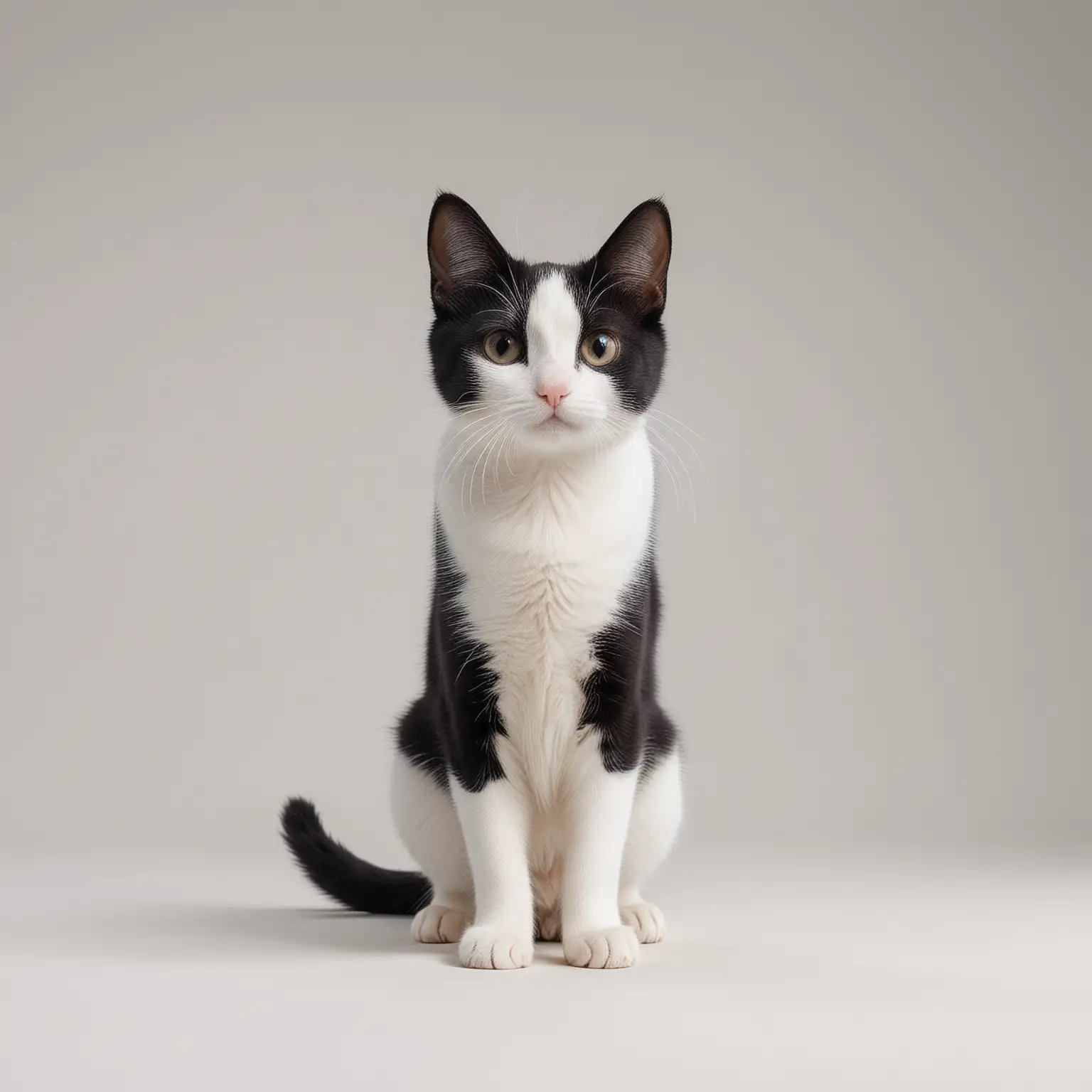 super cute black and white cat, character full body, adorable, calm, slim body small head, fairytale, minimalistic, ultra wide angle, white background, different poses