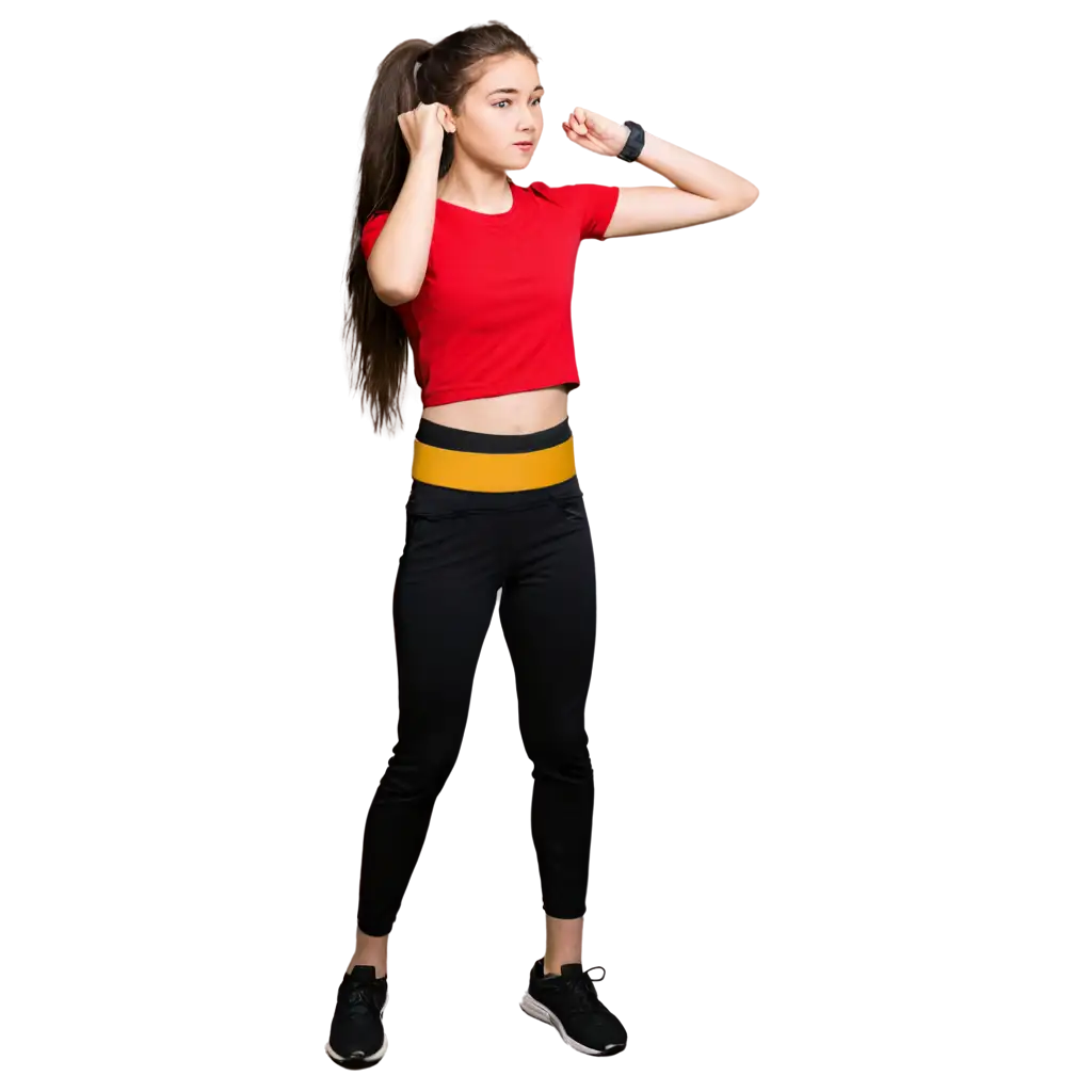 PNG-Image-of-a-Girl-with-Half-Up-and-Half-Down-Hair-Yellow-Belt-Light-Red-Shirt-and-Black-Pants