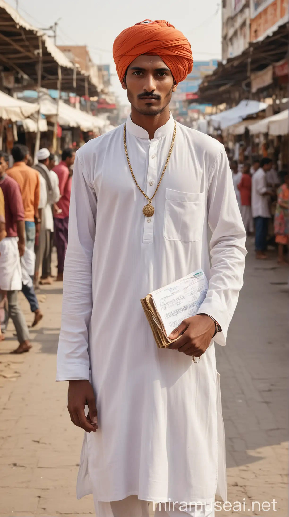 1980 Rajasthani Businessman in Traditional Attire with Ledger in Market