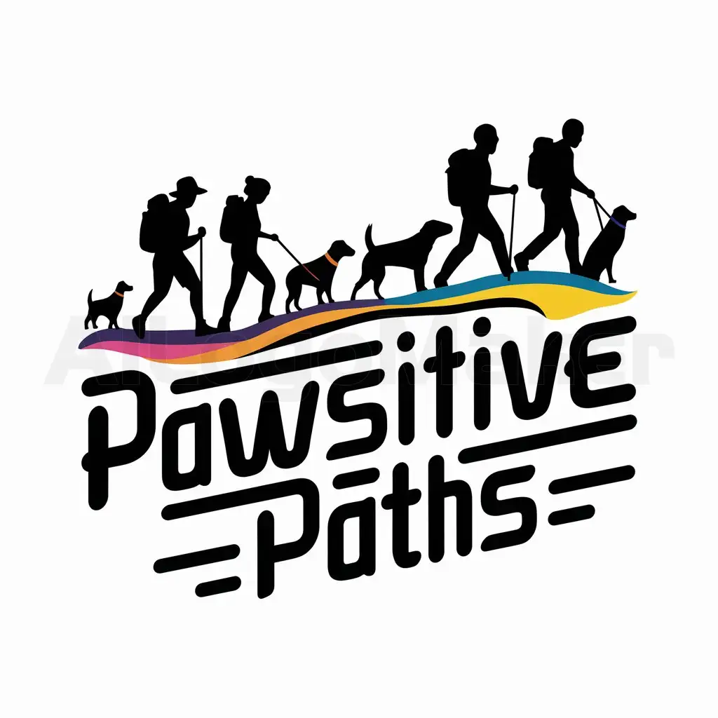 a logo design,with the text "PAWSITIVE PATHS", main symbol:4 people and 4 dogs hiking colorful,complex,be used in Animals Pets industry,clear background