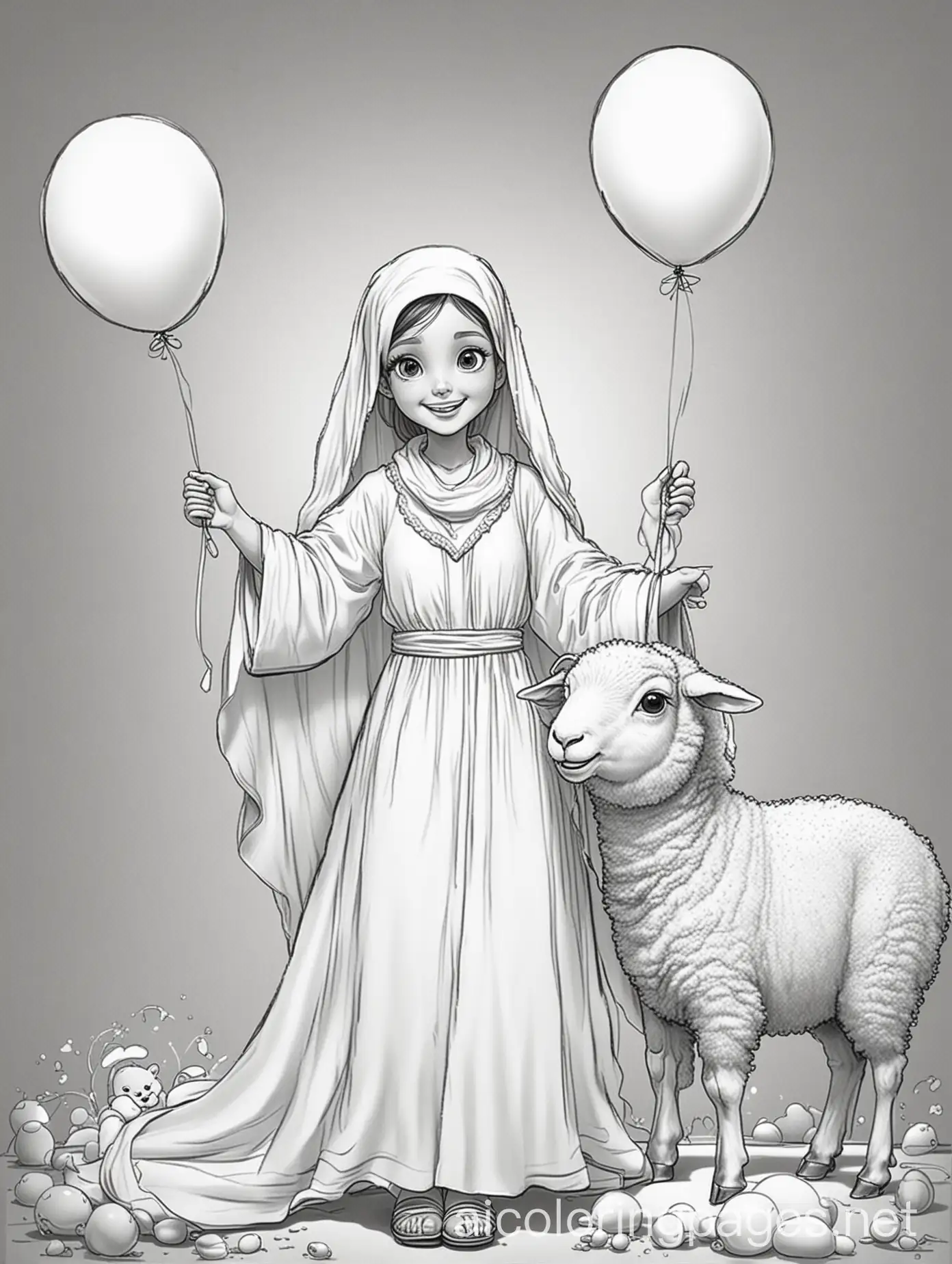 In the cartoon, a veiled girl with a large head appears wearing a wide white robe, and a young man with a large head wears a white robe, which makes his clothes appear large for his size. The girl is smiling and holding a small sheep in his hand, indicating the celebration of Eid. Celebrations, such as holiday decorations and balloons, appear in the background, adding an atmosphere of cheer and joy to the scene. , Coloring Page, black and white, line art, white background, Simplicity, Ample White Space. The background of the coloring page is plain white to make it easy for young children to color within the lines. The outlines of all the subjects are easy to distinguish, making it simple for kids to color without too much difficulty