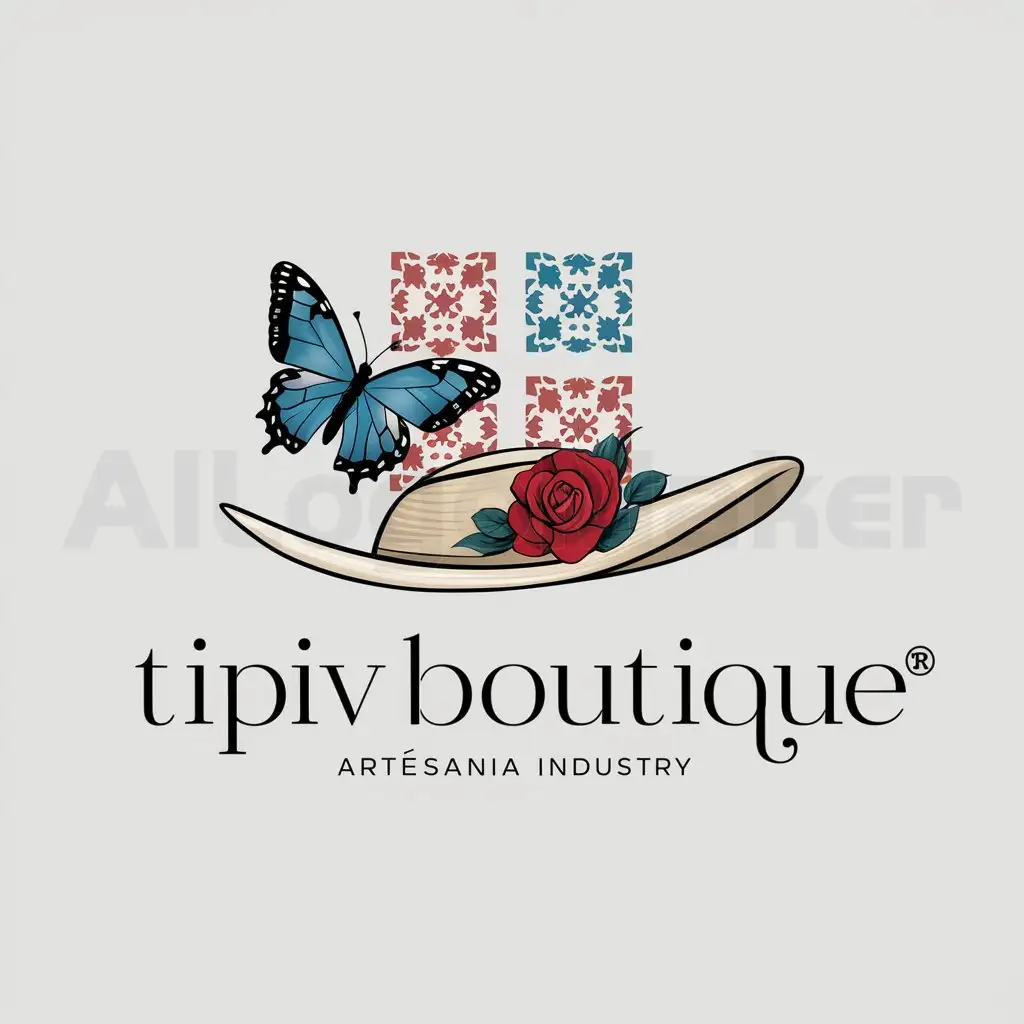a logo design,with the text "TIPIVBOUTIQUE", main symbol:Panamanian molas of square shape divided into 4 small square motifs of Guna molas that together form a square in the colors white, blue and red, national butterfly with blue color and black edges, a hat painted cream color with a rose in red,Minimalistic,be used in artesania industry,clear background