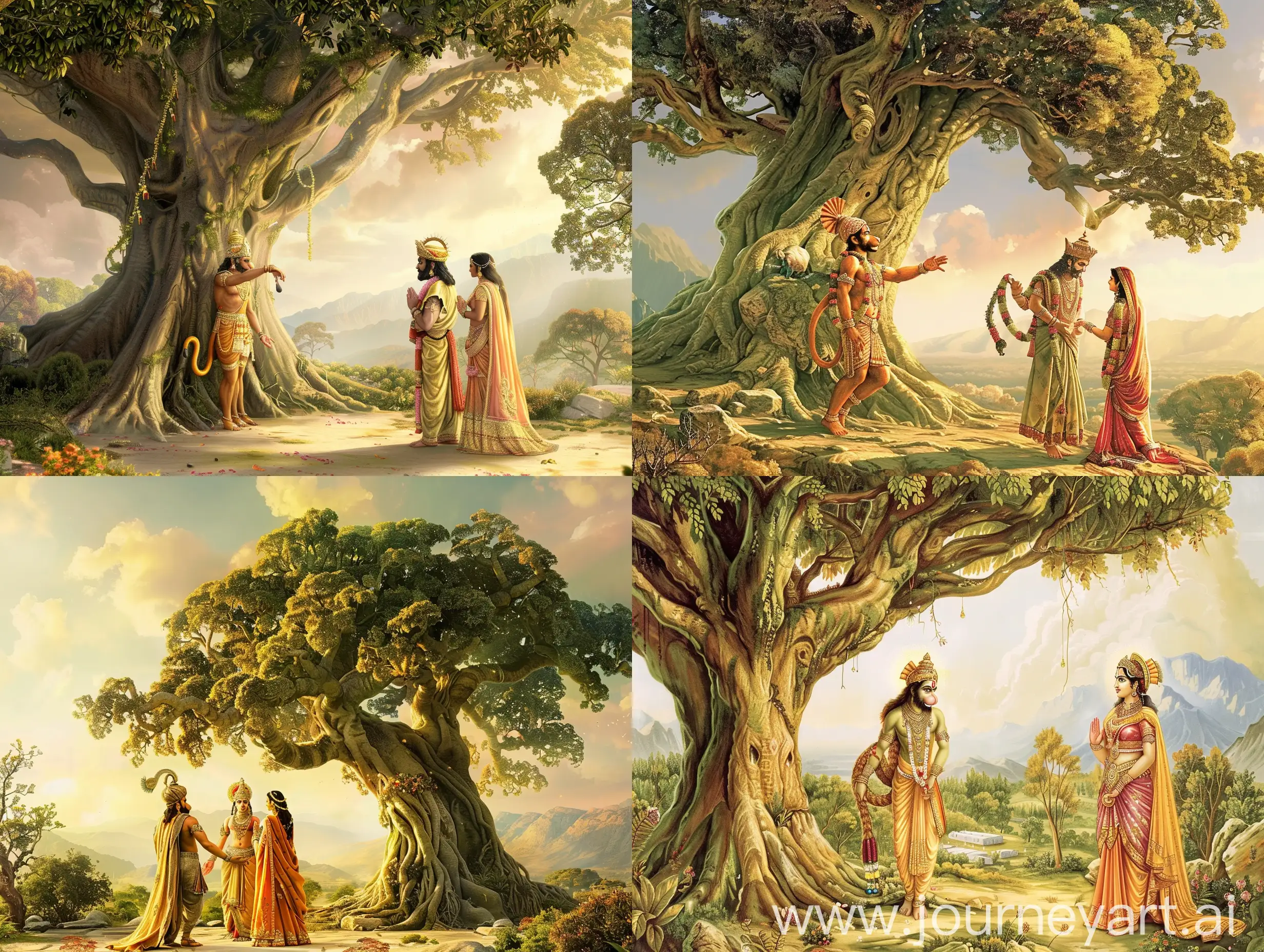 Create a high-definition, serene and divine image featuring Lord Hanuman, Shri Ram, and Mata Sita. The setting should include a majestic, ancient tree similar to a Banyan tree, under which the deities are depicted. Lord Hanuman is shown bowing reverently to Mata Sita, who stands gracefully beside Shri Ram. The background includes a peaceful landscape with mountains, trees, and a clear sky filled with soft, fluffy clouds. The overall atmosphere should be spiritual, vibrant, and detailed, capturing the essence of devotion and divinity