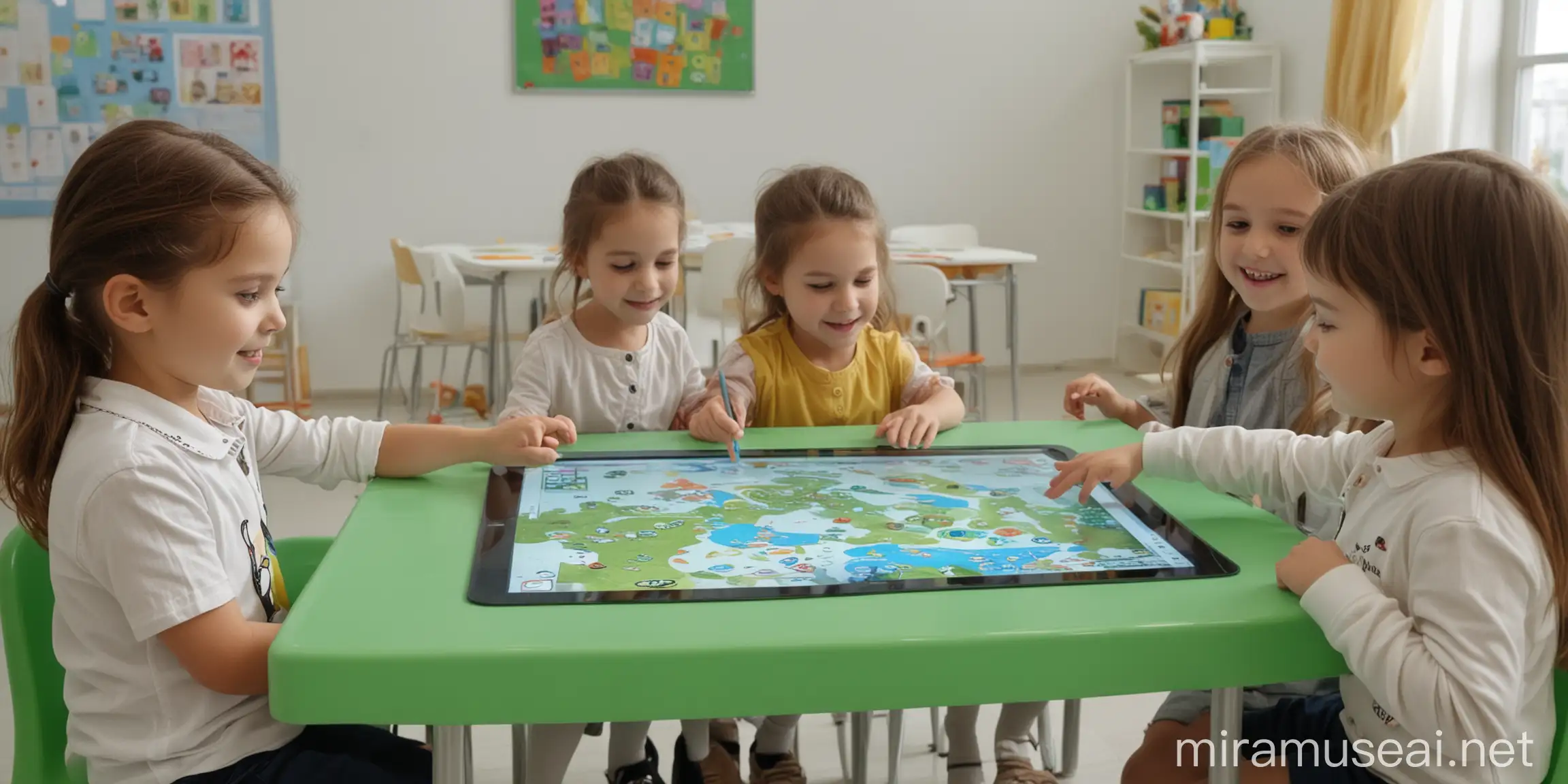 Kindergarten Children Learning at Interactive Touch Panel Table