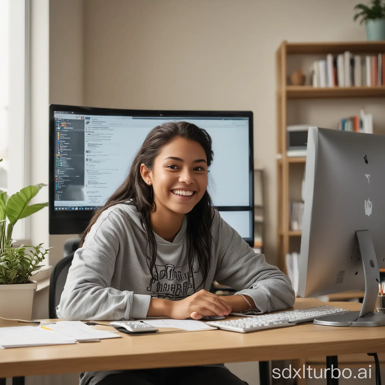 A student sitting at a desk, looking at a computer screen. The student is wearing a casual outfit and has a happy expression on their face. The computer screen is showing an online learning platform with a variety of courses and resources.