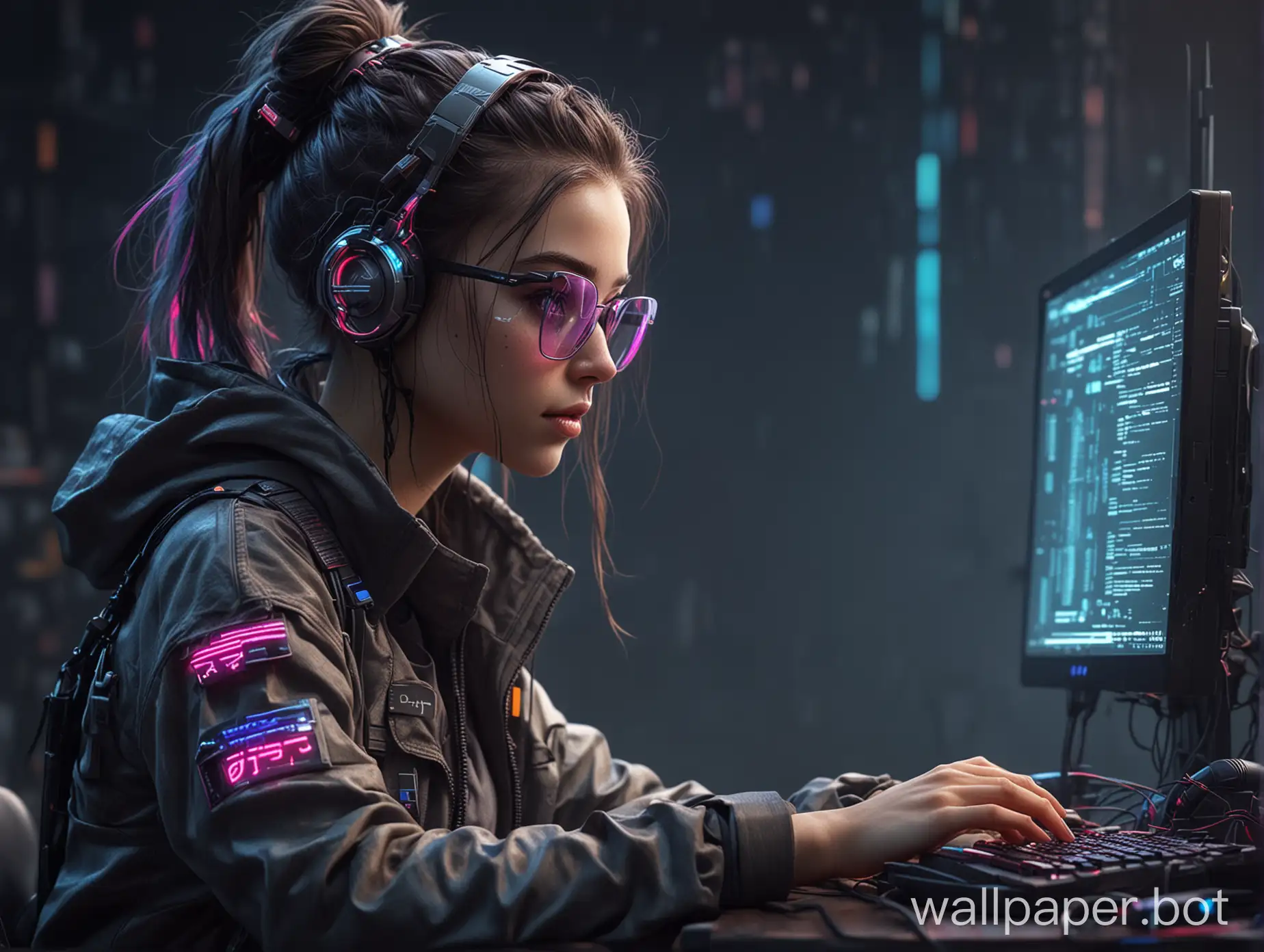 cute girl programming coding java kotlin glitches colorful realistic cyberpunk 4k wallpaper