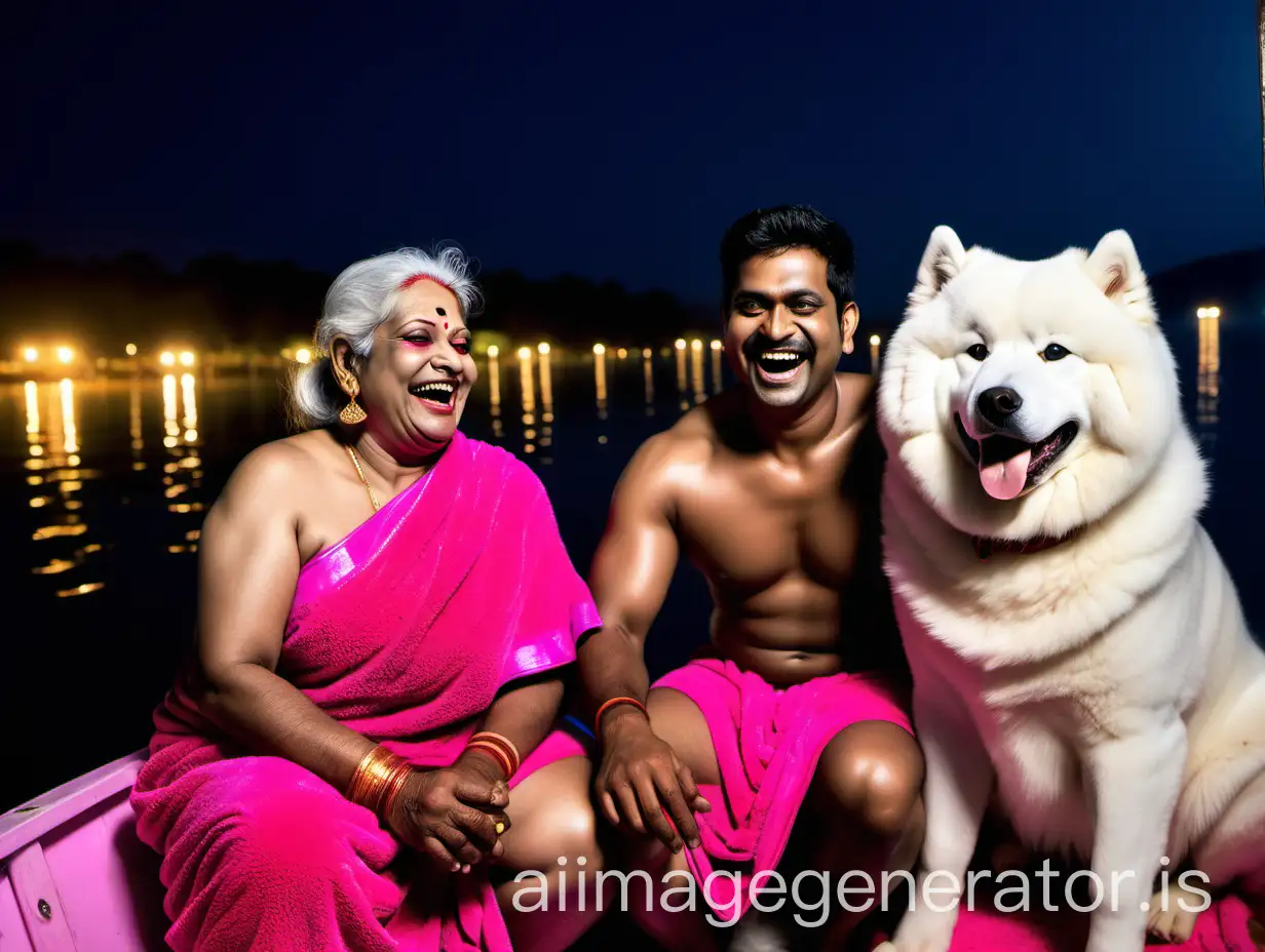 a 23 years indian muscular man with bull head is sitting with a 53 years  indian mature fat woman  with makeup wearing earrings and gold ornaments   with boob cut style   . both are wearing wet neon pink bath towel and   in a boat ,and are happy and laughing. and a Samoyed
Dog breed is near them. they are in a lake . its a night  time and lights are there. its raining . they are drinking Whiskey.