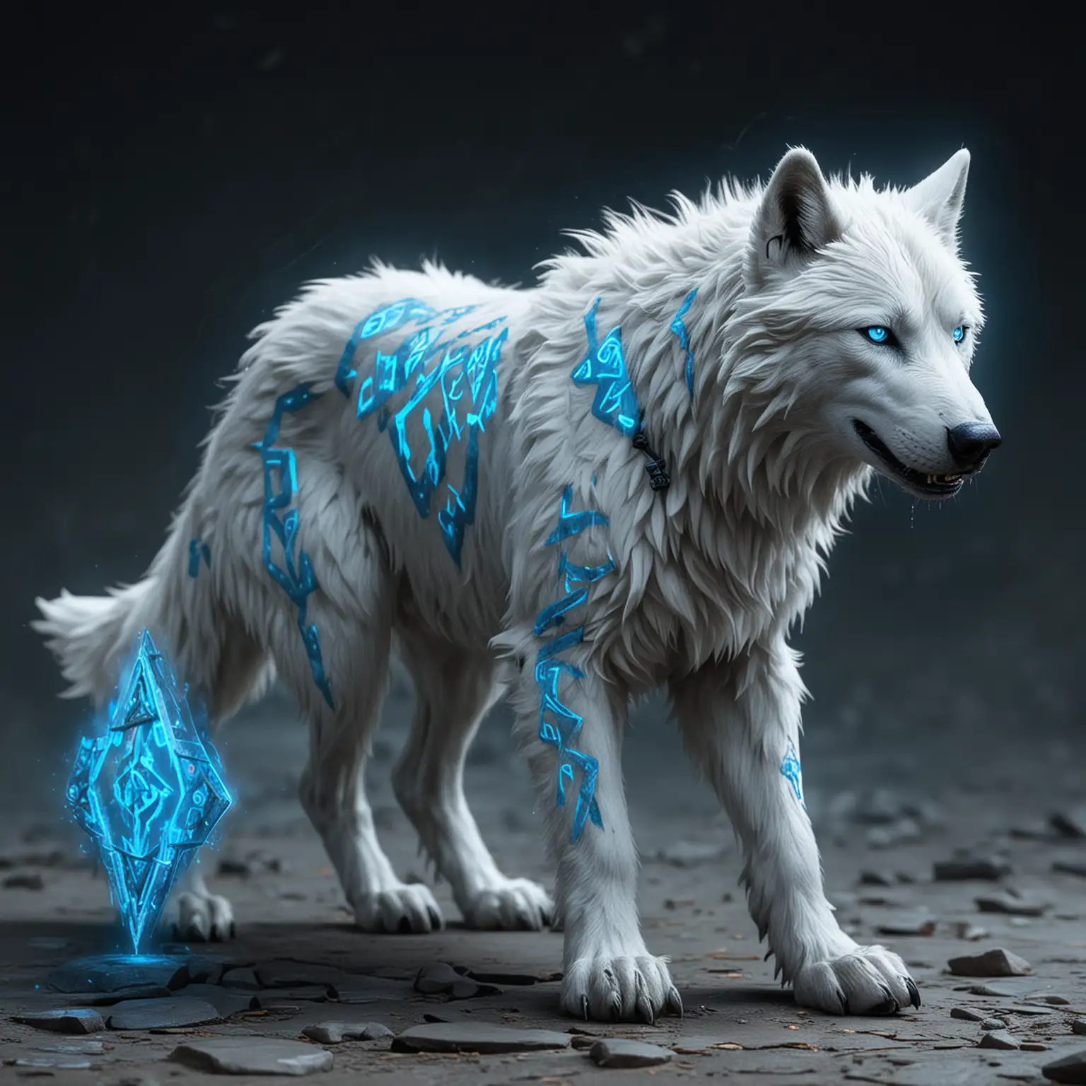 Mystical White Dire Wolf with Glowing Blue Runes