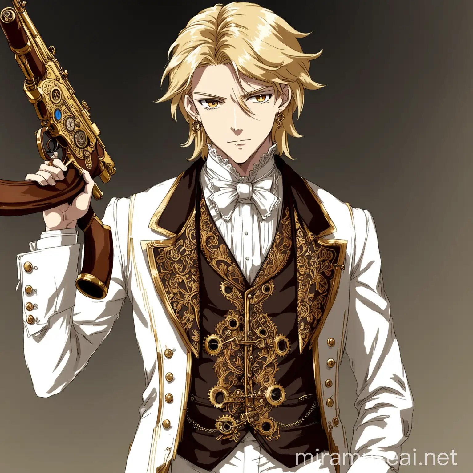 A sophisticated young man, dressed in a stylish (((Victorian-inspired waistcoat))), with intricate gold embroidery and a luxurious ((white Victorian suit)), tousled blonde hair artfully lifted at the fringe, adorned with colorful dangling earrings and rings, holding a sleek (steampunk rifle) casually, with a cocky yet rebellious aura. in anime
