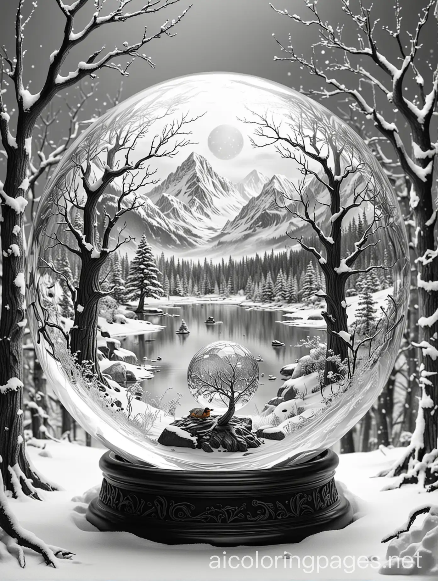 duck Inside a Crystal orb, . A twisted tree holds the crystal ball in  its branches. background is jagged snowy mountains, Coloring Page, black and white, line art, white background, Simplicity, Ample White Space. The background of the coloring page is plain white to make it easy for young children to color within the lines. The outlines of all the subjects are easy to distinguish, making it simple for kids to color without too much difficulty