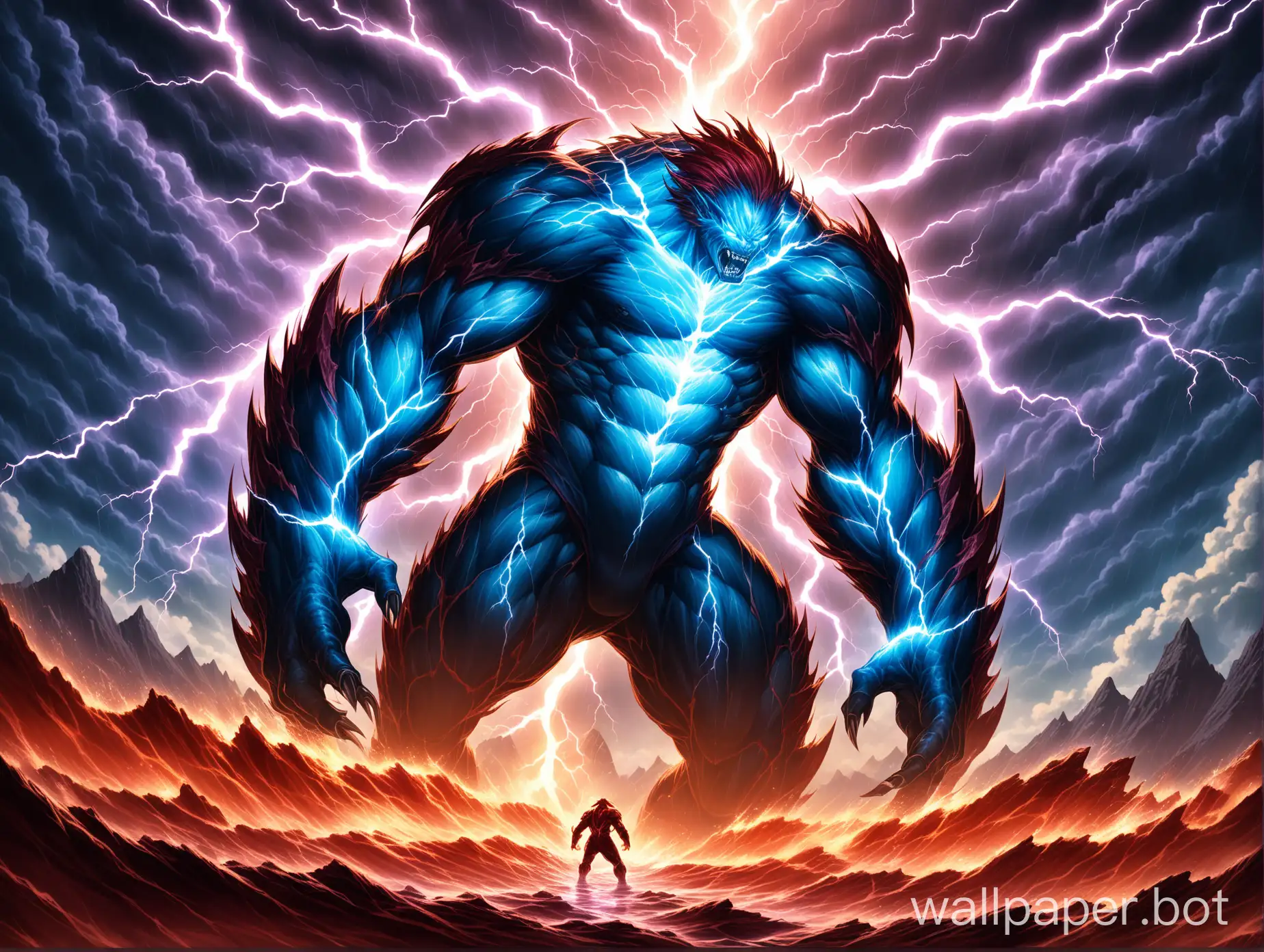 Zaxy, a mythical lightning-themed creature, amidst the clash of two legendary giants.An otherworldly and ethereal creature, resembling swirling bolts of lightning. Its body could be composed of luminous tendrils of energy, its eyes glowing with an intense, electric blue light. It could be depicted in a dynamic pose, its form contorted and energized as it moves amidst the clashing titans.Two colossal figures locked in an epic battle, their forms towering over the landscape. One titan could represent the raw power of nature, its body composed of raging storms and tempestuous winds. The other titan could embody the forces of chaos and destruction, its form shrouded in darkness and fire. Bolts of lightning arcing across the scene, illuminating the combatants and casting dramatic shadows. The lightning could be rendered in a stylized manner, reminiscent of traditional Japanese woodblock prints. The overall atmosphere should be one of intense energy and power, the clashing titans and the electrifying presence of Zaxy creating a visually stunning spectacle.
