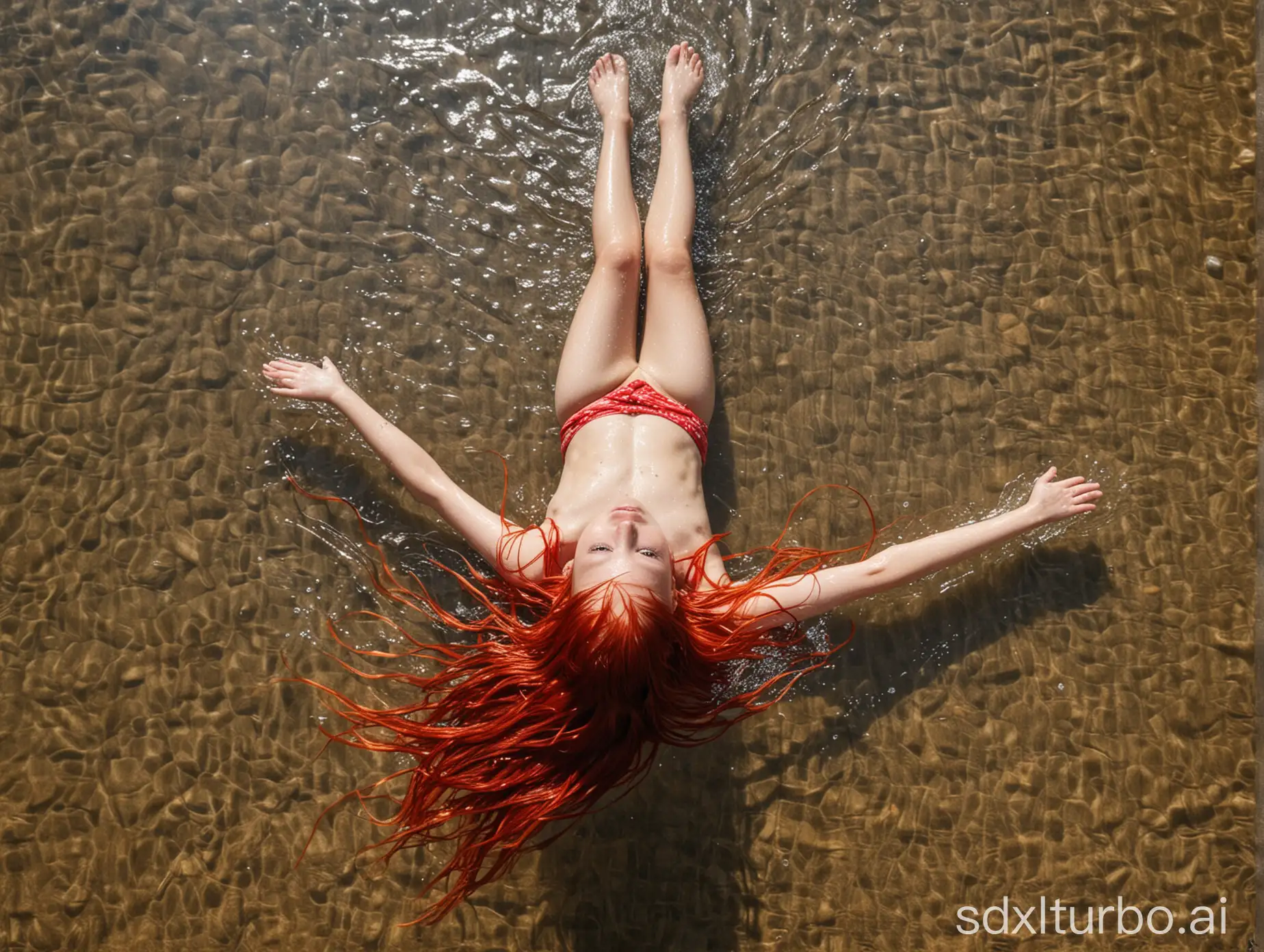 five year old girl in string laying on air matrass in water, wet, showing from the back, red long hair, shirtless