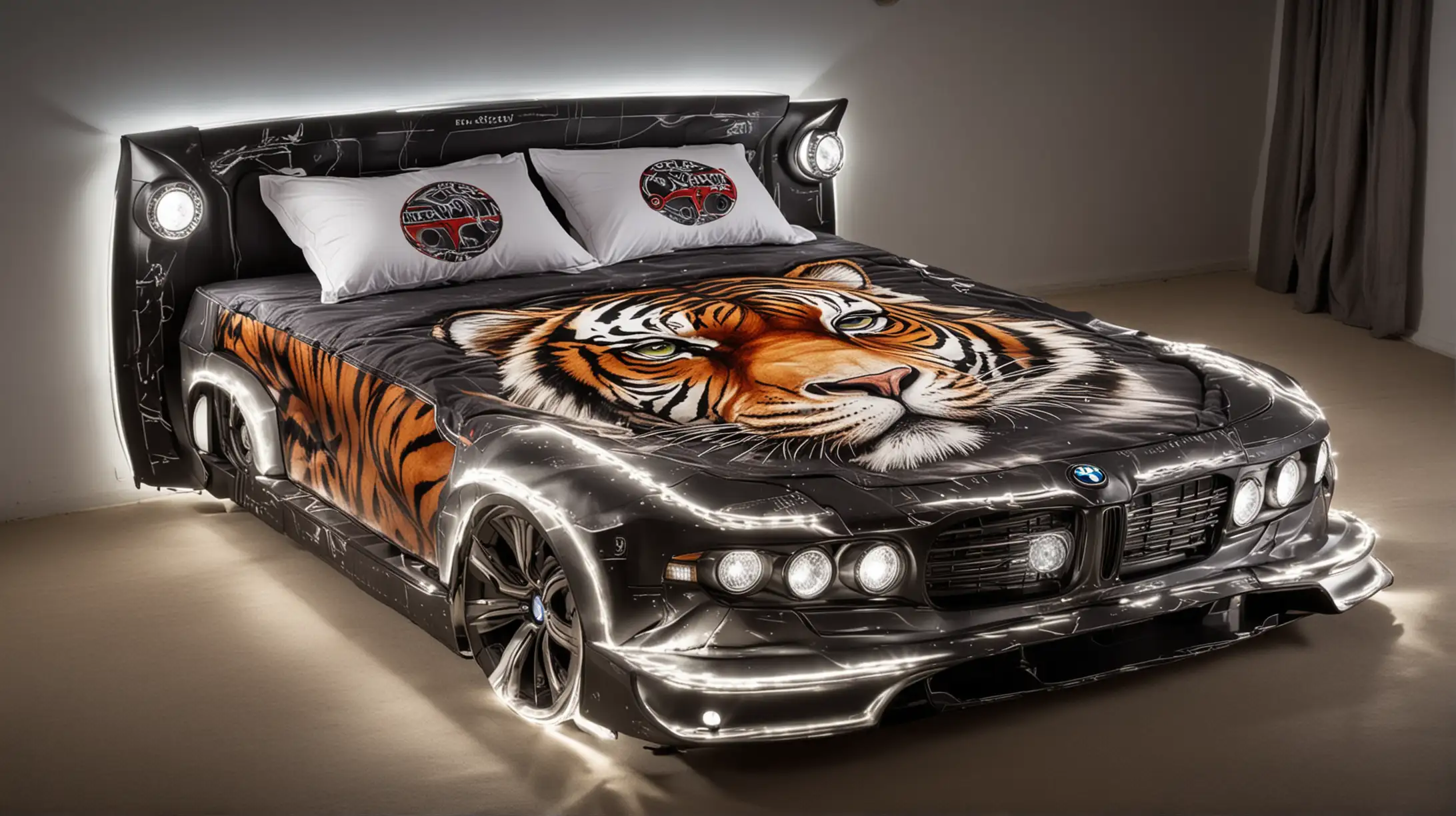 Double bed in the shape of a BMW car with headlights on and graphics of an evil and kind tiger