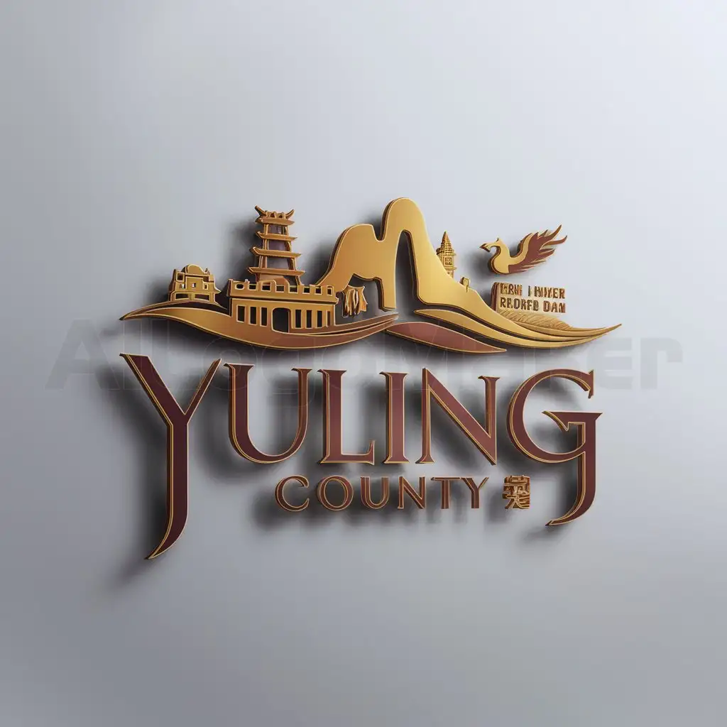 a logo design,with the text "Yuling County", main symbol:historical feeling, ancient buildings, Feng Huang Mountain, Phoenix Tower, Yuan River, Phoenix Sandbar Big Dam,Moderate,be used in Others industry,clear background
