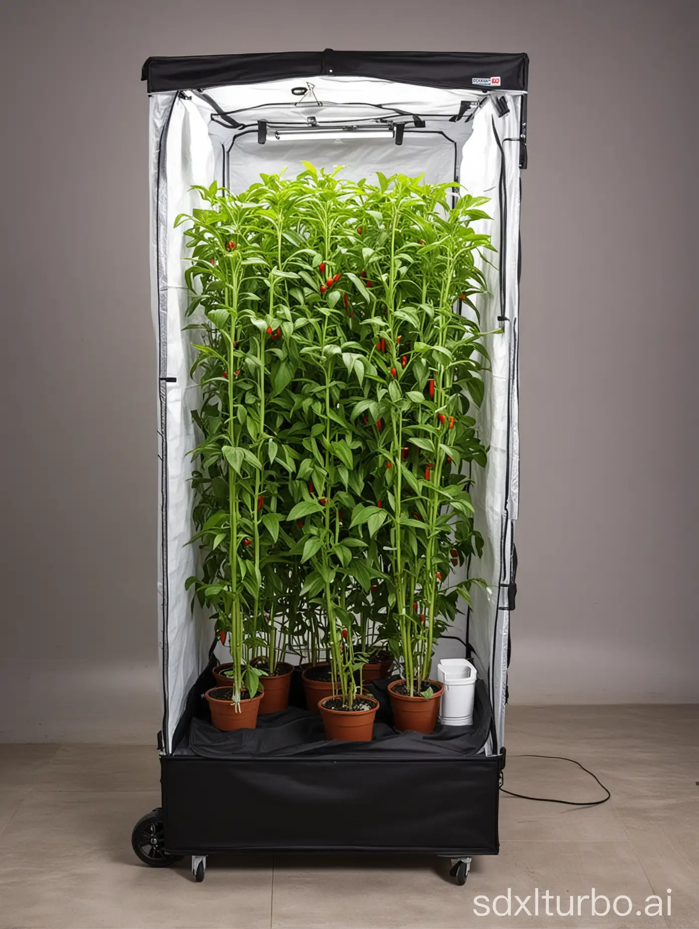 GrowPRO 3.0 Growbox XS, 60x60x160cm on wheels, chilli plant inside