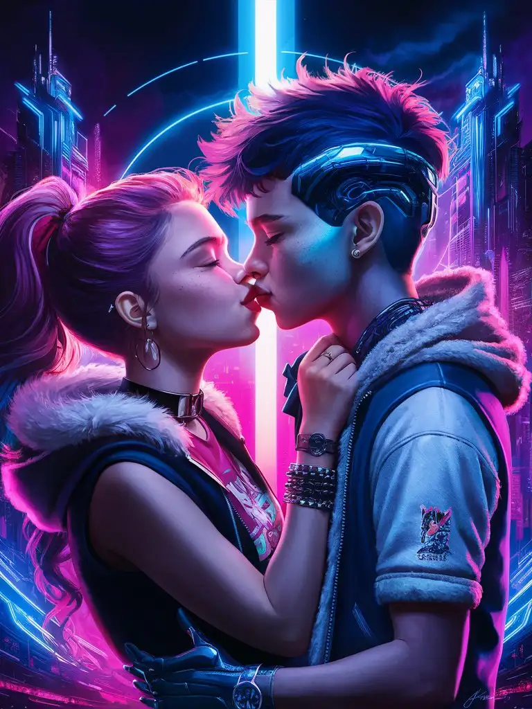 Edgy-Teen-Cyberpunk-Couple-Kiss-in-Neonpunk-Setting