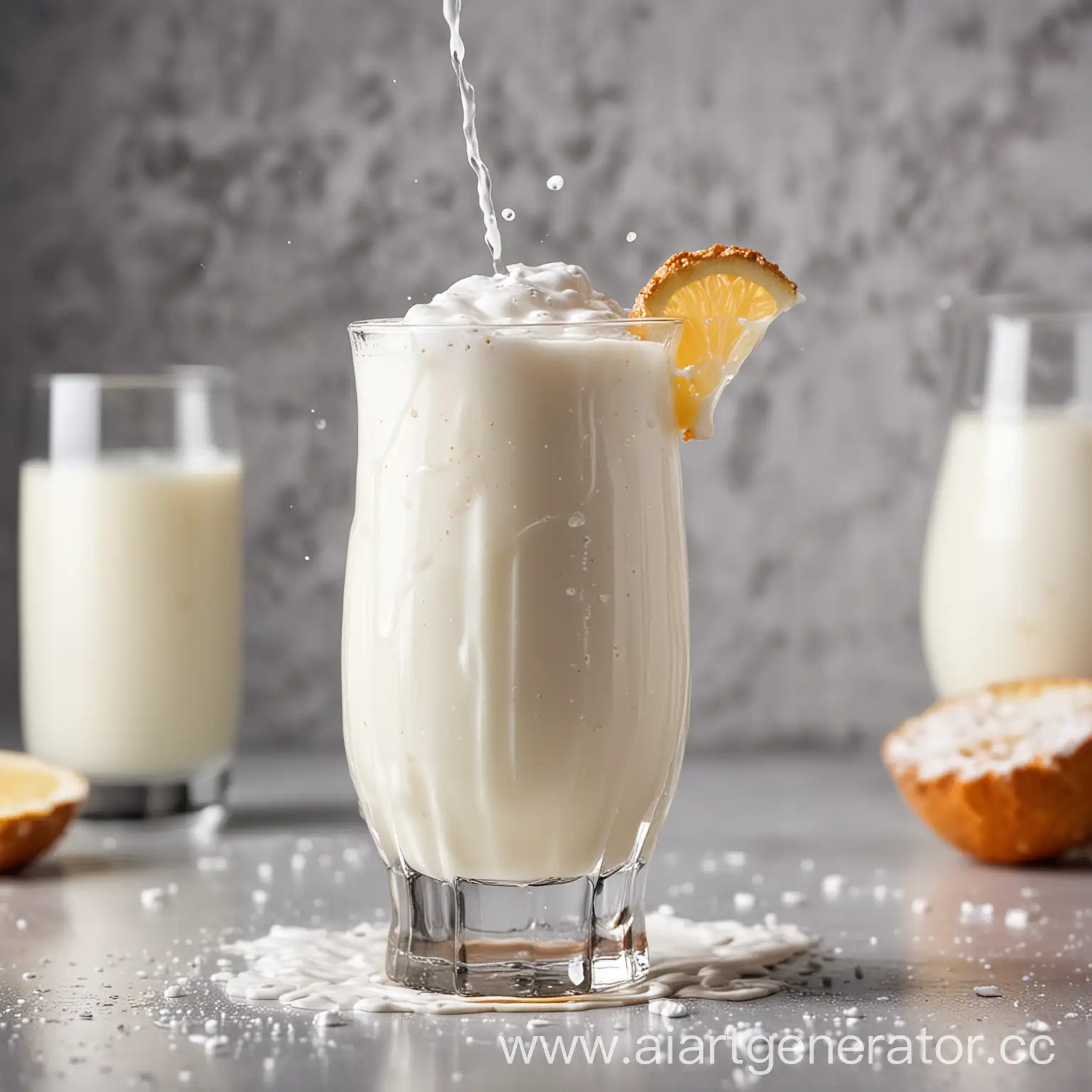 молочный коктейль в белом стаканчике на переднем фоне. вокруг стаканчика молочные брызги. задний фон белый
