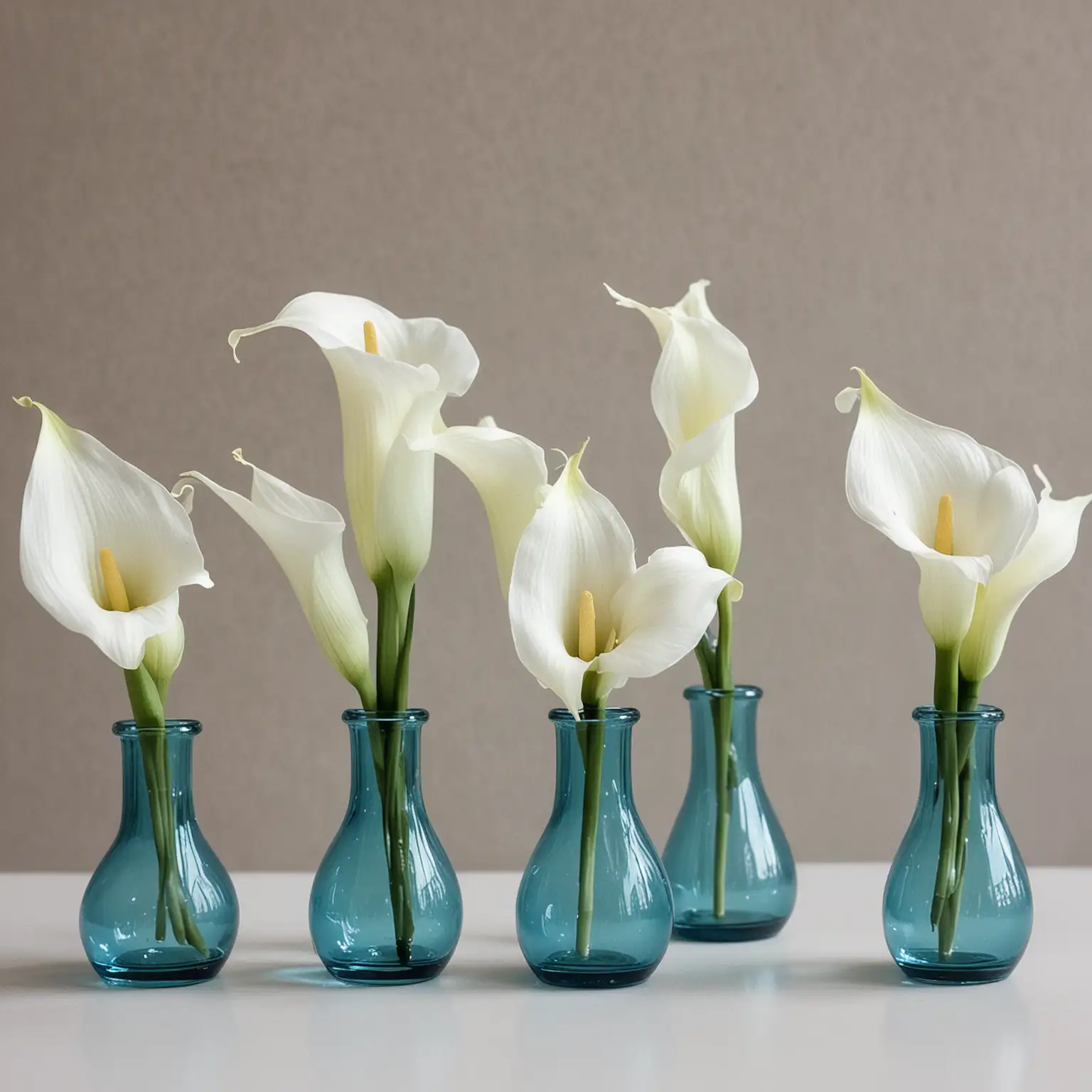 small ice blue bud vases with single white calla lilies