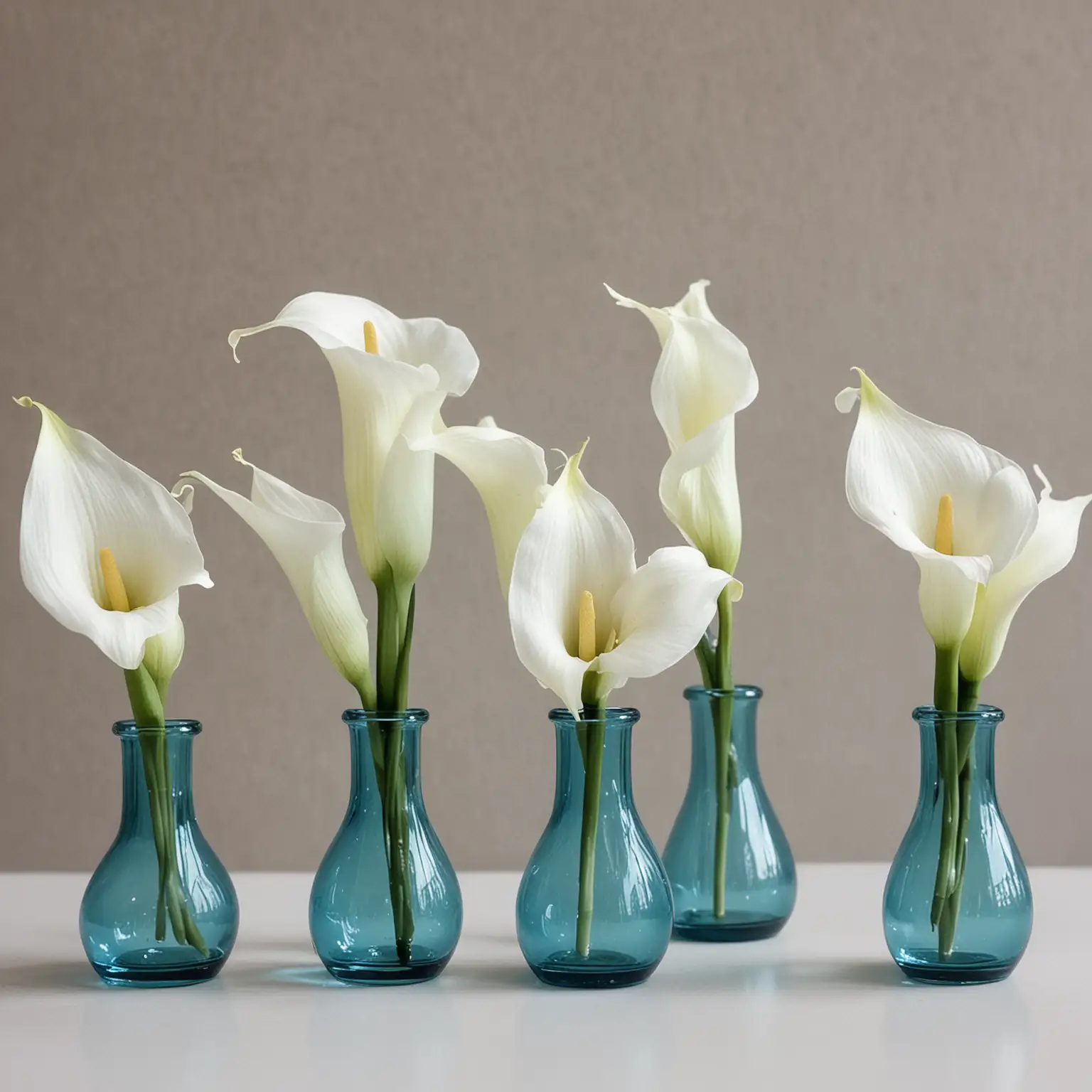 small ice blue bud vases with single white calla lilies 