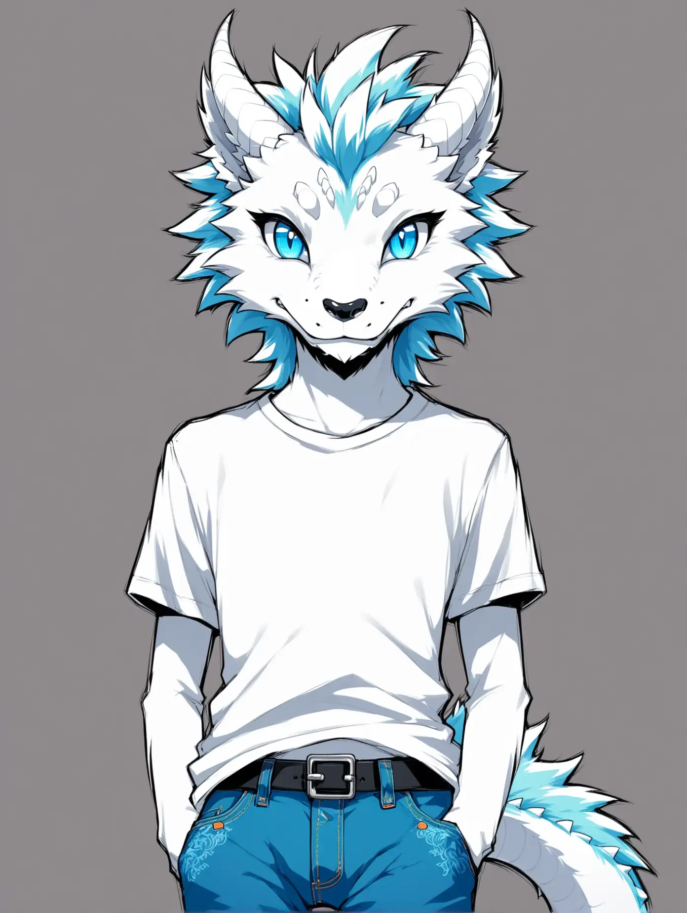 Art with lots of details. 2D anime style. Anthropomorphic cute furry white Asian dragon. White fur. Dressed in modern clothes: White T-shirt and blue Jeans looks. Young Draconian (19 years old). Fluffy dragonboy. Cute furry. Kind face. Humanoid. Slender, lean physique. Cute. Short muzzle. Cute and charming. 