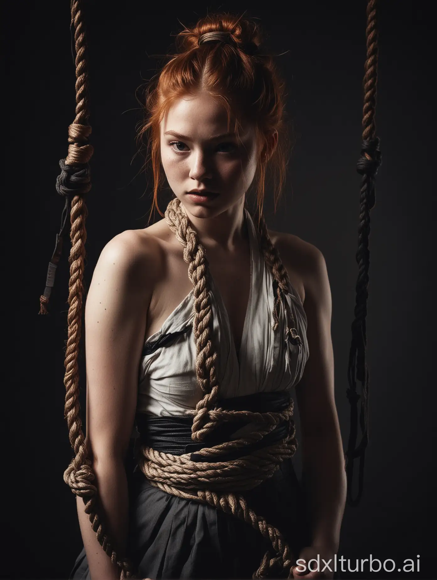 a masterpiece artistic photo of a beautiful 18 year old redhead woman with braided hair tied with black rope in Japanese shibari style, dramatic lighting
