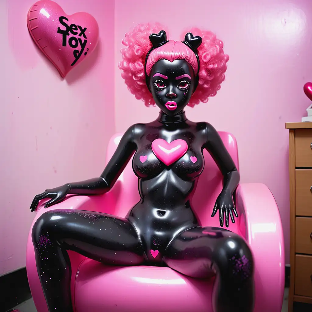 Латексная обнаженная кукла девушки с черной латексной кожей покрытой блестками с розовым сердечком на груди с розовыми резиновыми волосами с черным латексным лицом сидит на резиновом кресле на ее теле написано Sex toy