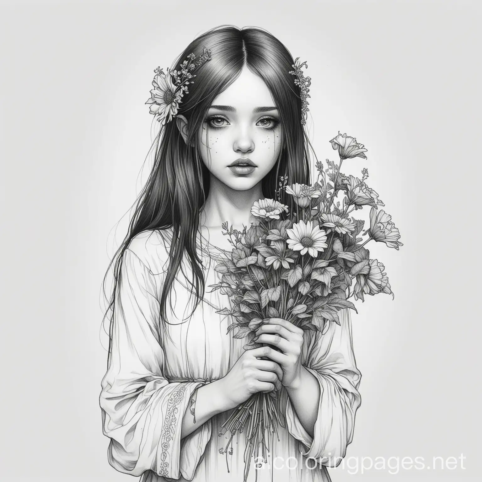a goth girl holding wilted flowers
, Coloring Page, black and white, line art, white background, Simplicity, Ample White Space. The background of the coloring page is plain white to make it easy for young children to color within the lines. The outlines of all the subjects are easy to distinguish, making it simple for kids to color without too much difficulty