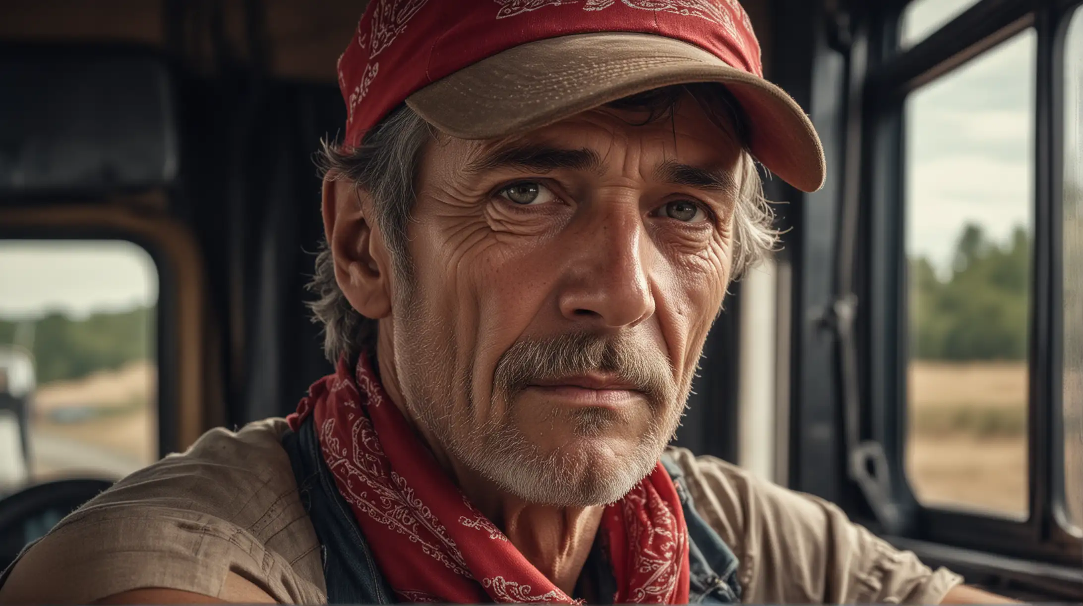 CLASSIC CLOSE UP PORTRAIT PHOTOGRAPHY STYLE, ageing skinny truck driver, EVERYMAN, stubble, red bandana, INSIDE 18-WHEELER CAB, photo realistic, cinematic lighting
