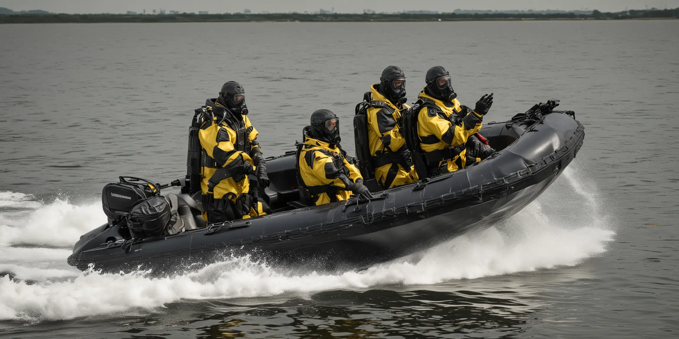 Men in Biohazard Suits Speeding in HighSpeed Black Rib Boat