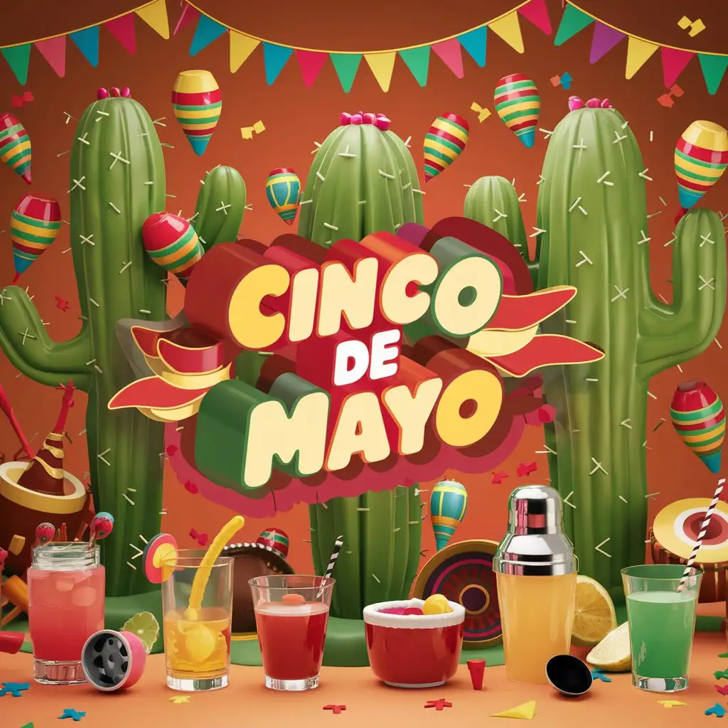  CINCO DE MAYO  BACKGROUND WITH 3D CACTUSES AND DRINKS AND SHAKERS


