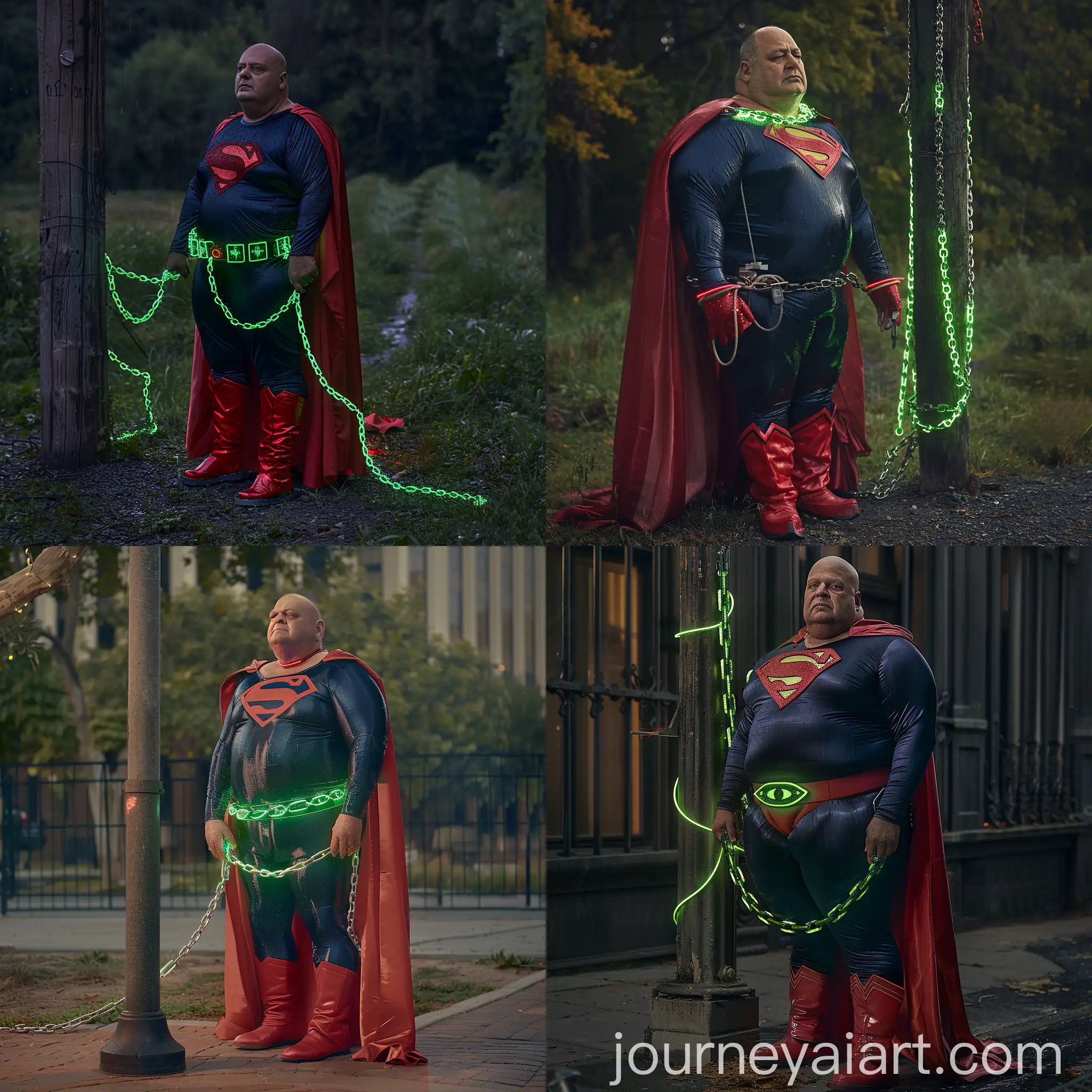 Photo of a fat man aged 60 wearing a wet tight silk navy superman costume with a red cape red boots and a green glowing neon dog collar on the neck shackled to a post with green glowing neon chains. Outside. Bald. Clean Shaven. Natural light. --ar 1:1