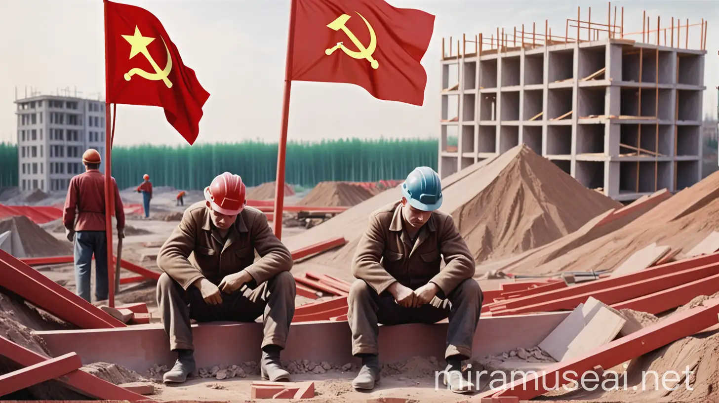 Soviet flag and labour is working in construction
 and one of the labour person is siting sad with flag

