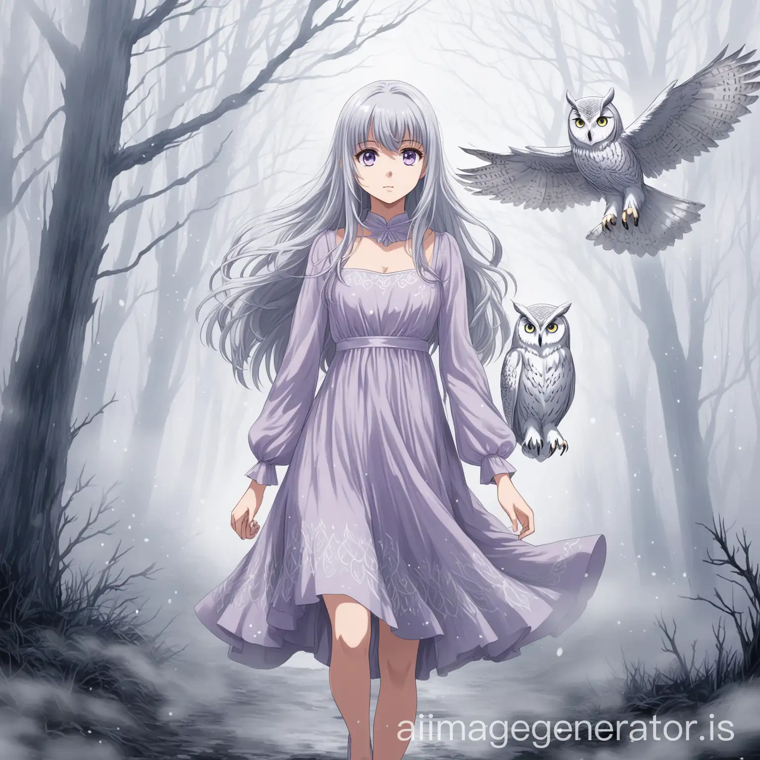 Pretty anime girl, wearing a light purple dress, with long silver hair and silver eyes, walking in the fog with a silver owl following her