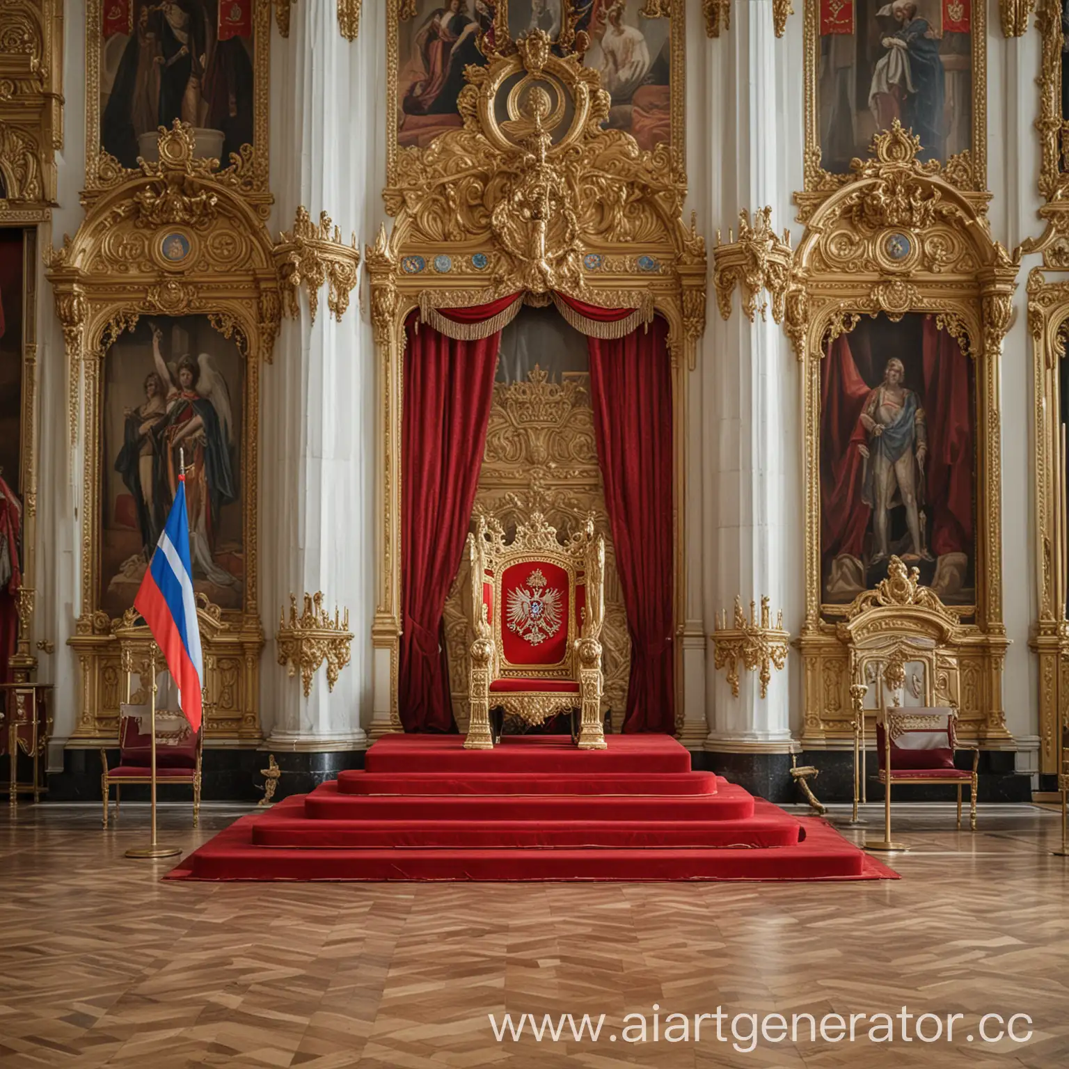 Трон в большом зале с флагом Российской Империи позади трона