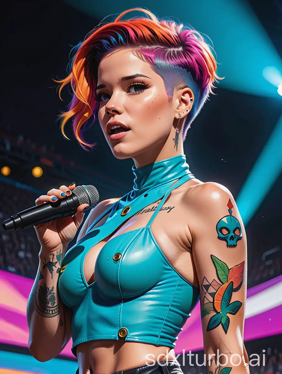 A (((vivid caricature of Halsey))) performing on a (((massive stage))), with exaggerated features and expressions that convey her dynamic personality, capturing the essence of her electrifying live performances