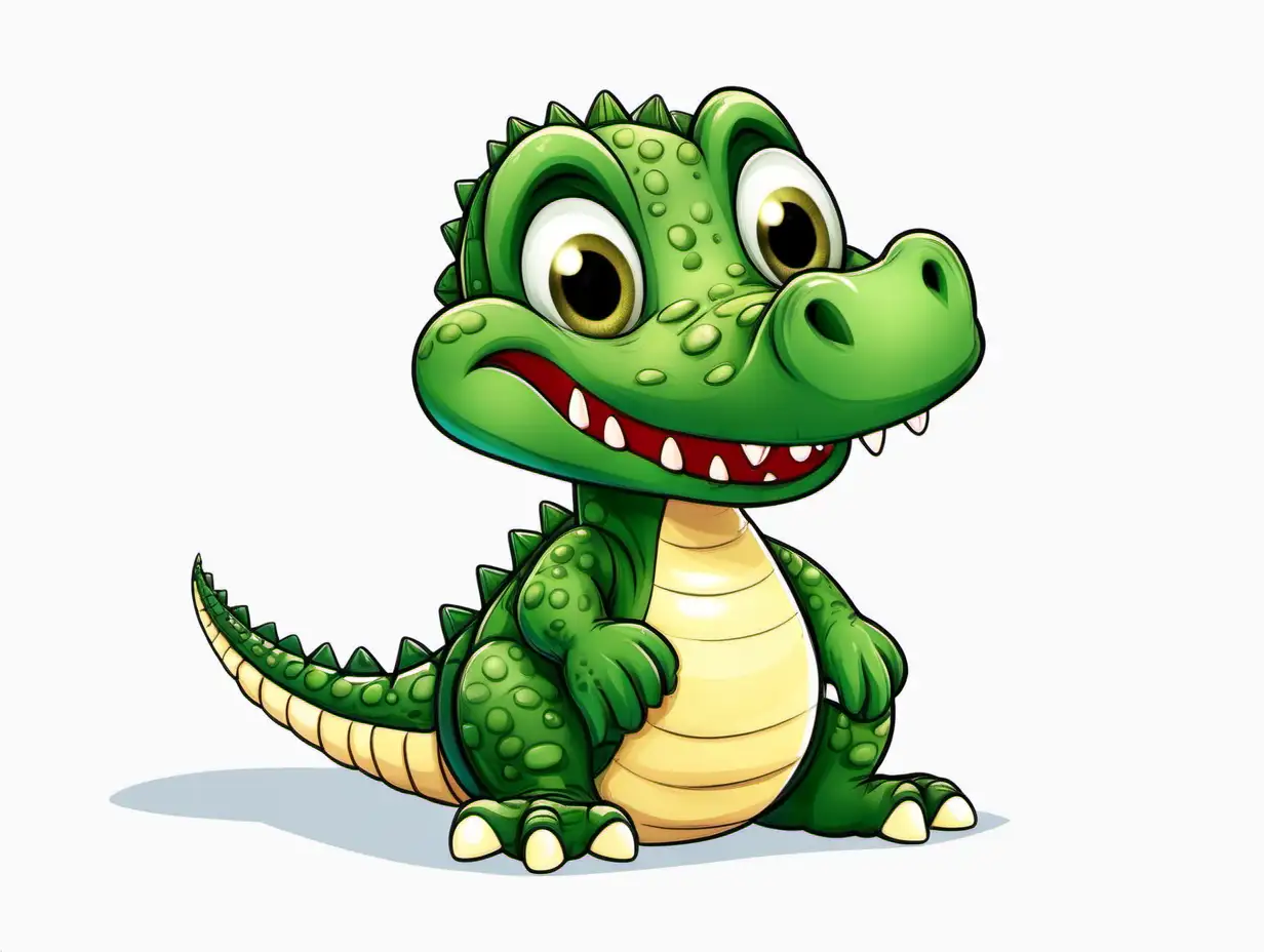 Animated cartoon baby crocodile friendly full body on white background