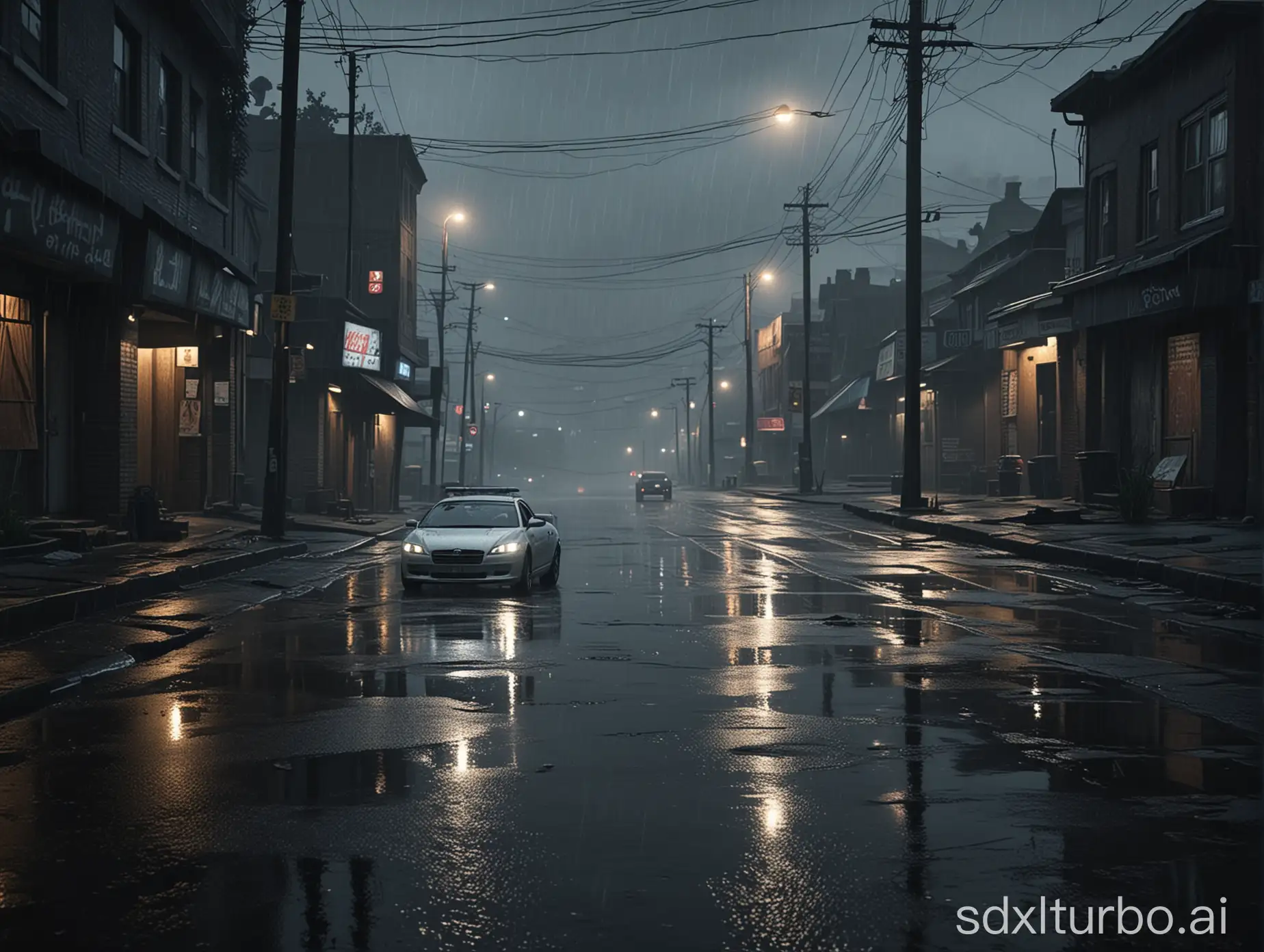 Dirty street in hood, rain, cinematic, dark ambiance, GTA style