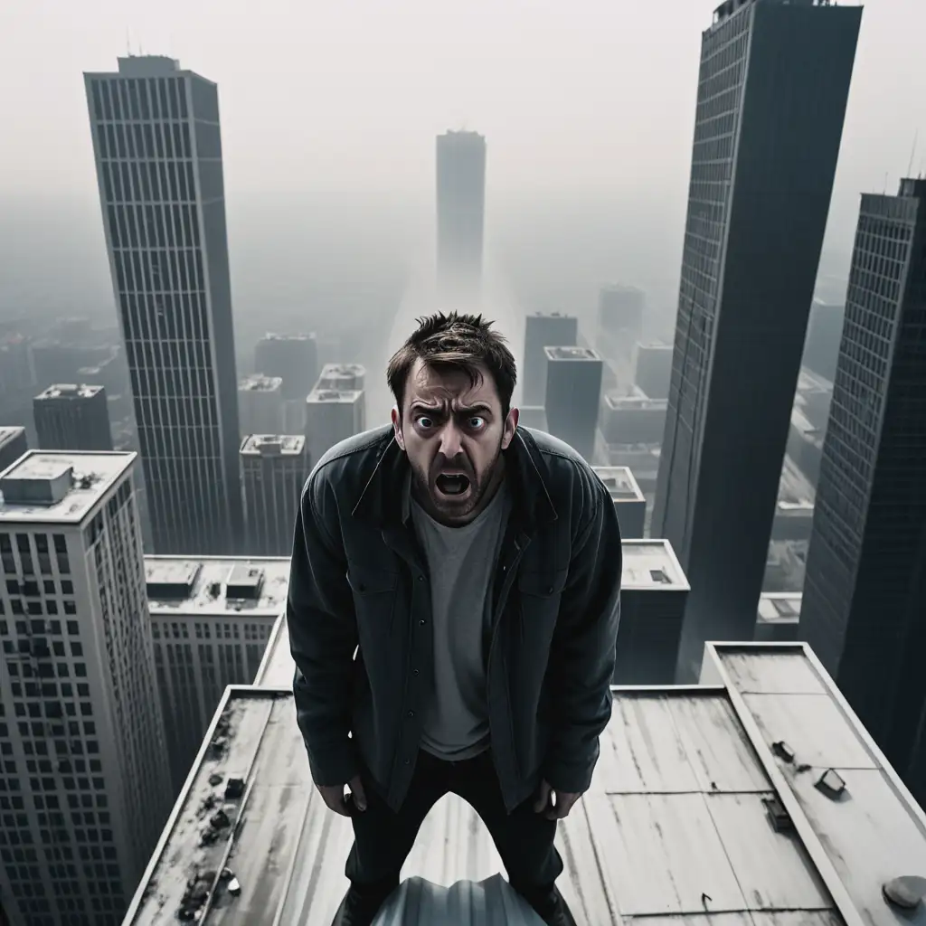 Fearful-Man-Standing-on-Tall-Building-Roof-Edge