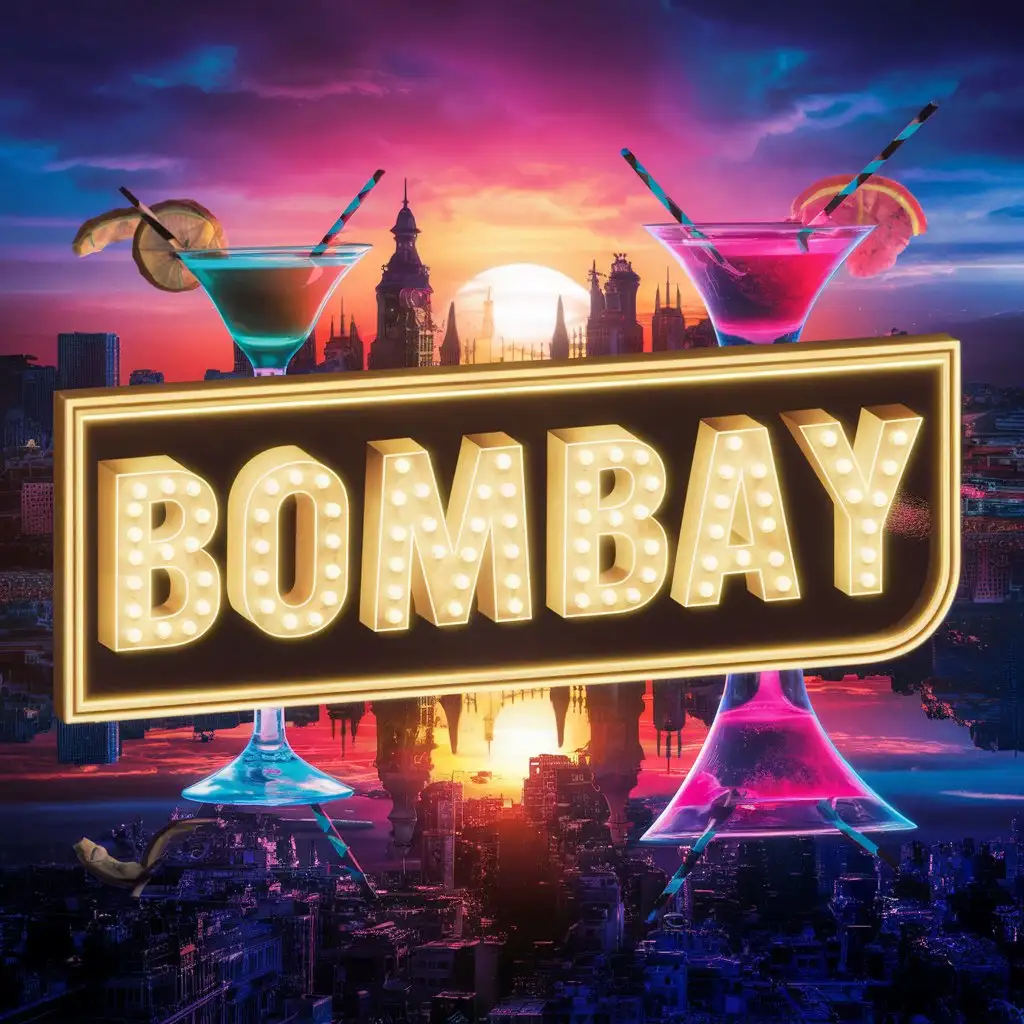 create a 3d album cover. name ''BOMBAY'' with clear sunset and cocktail vibe