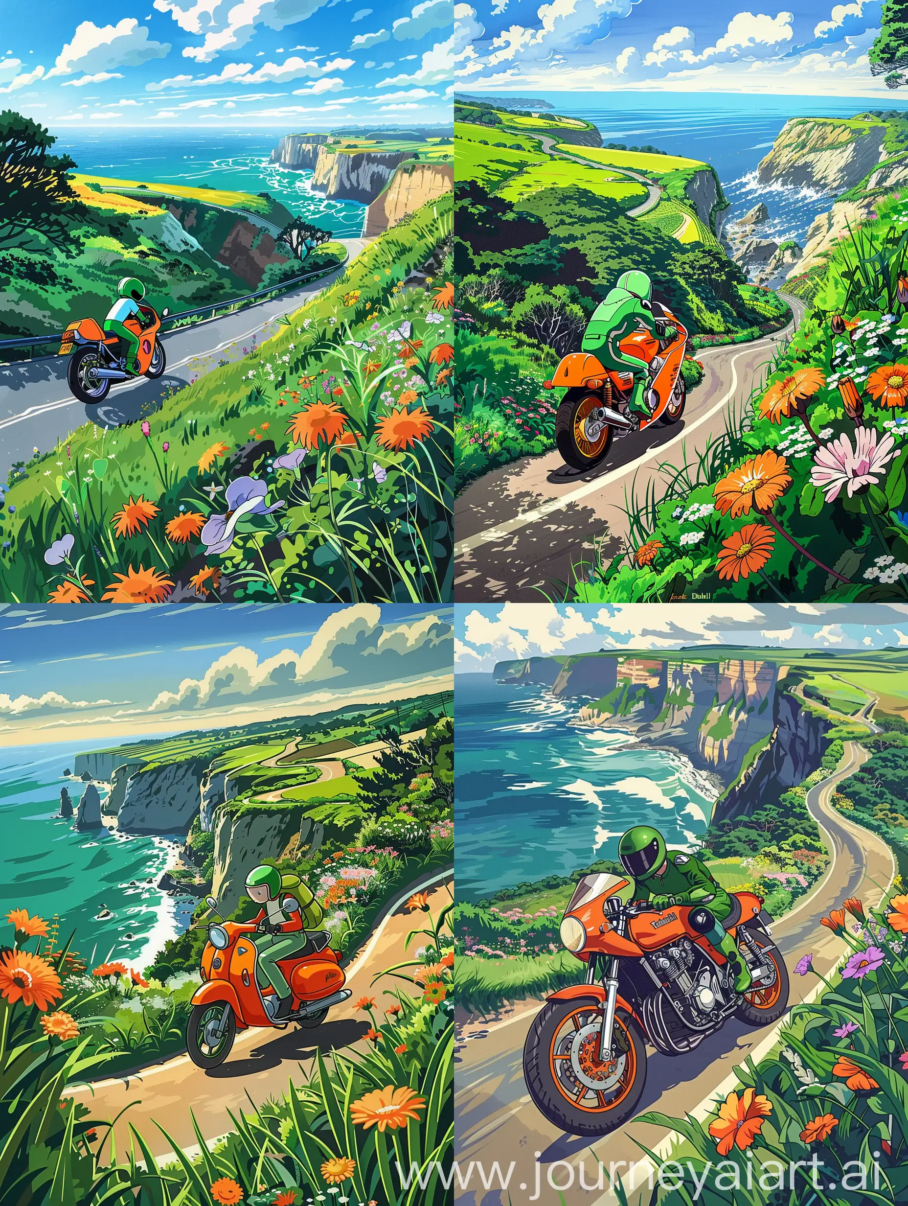 Studio Ghibli art,cel shading,a orange motorcycle with a rider wearing green helmet running down on a winding coastal road,overlooking a vast ocean and a lush green cliffs,flowers,grasses,trees,sunny day,vibrant colors,cinematic