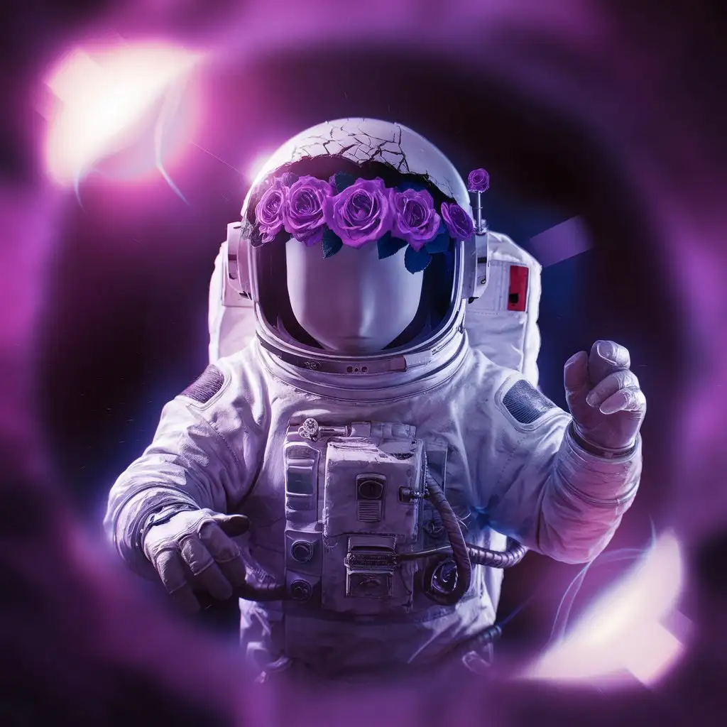 Astronaut with no face with cracked helmet filled with purple roses

Depth of field

Bloom`

Purple effect background