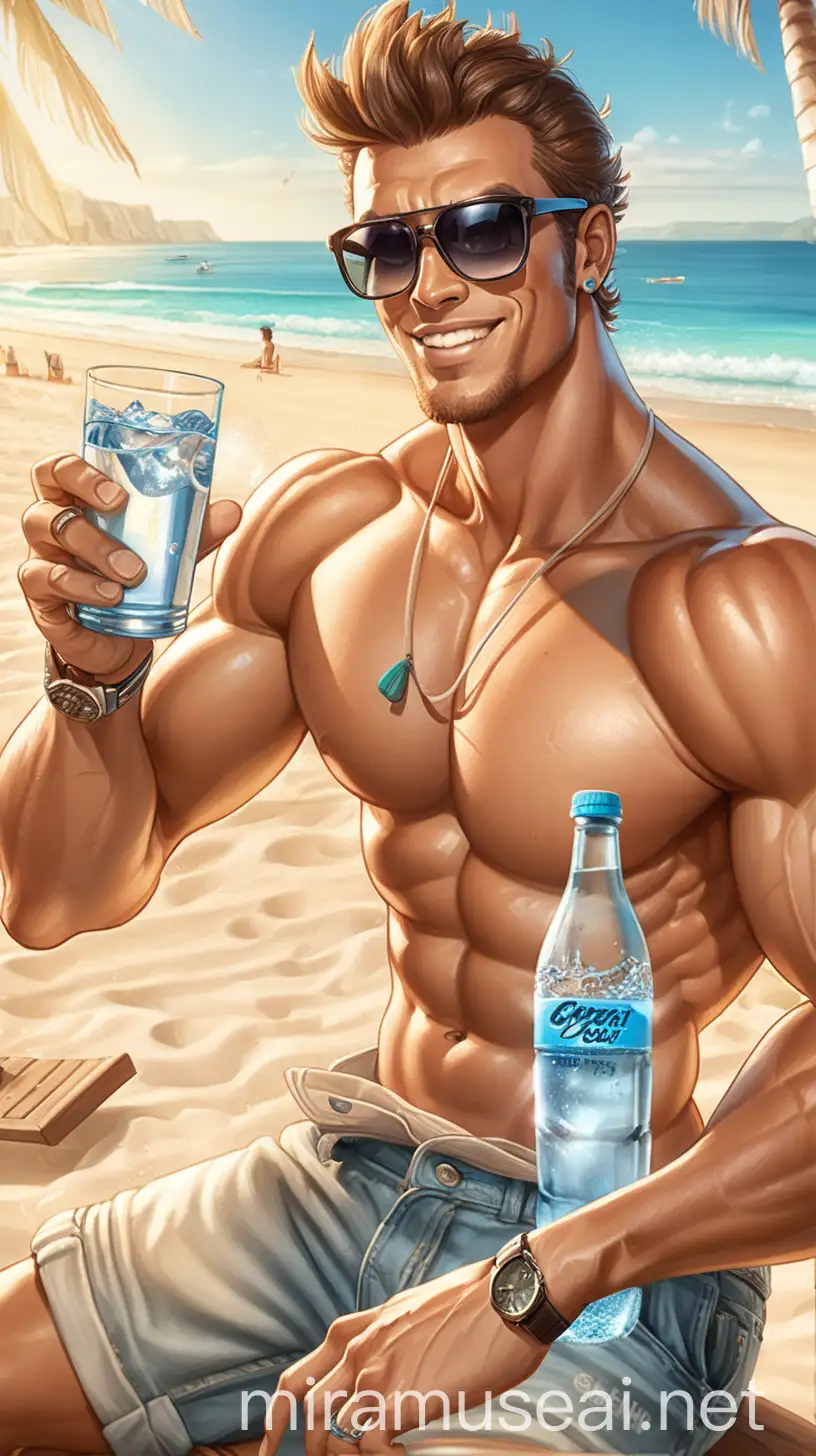 Muscular Man with Sunglasses Enjoying Morning Sun on Beach