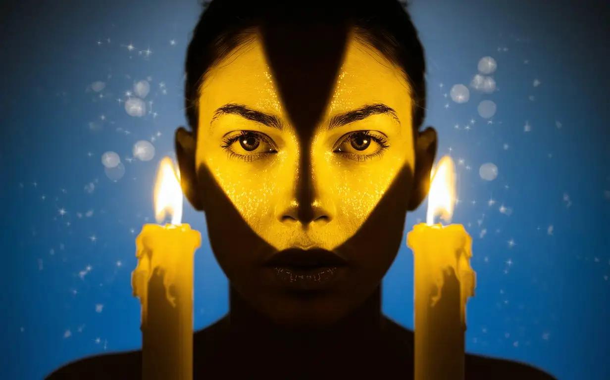 A portrait of a Candlelight in the dark, illuminated by an intense yellow light from above, with a soft blue gradient background. This scene evokes a sense of mystery or contemplation, highlighting the beauty of the subject's features against the contrasting backdrop, lens glossy effect, high contrast, star bokeh.