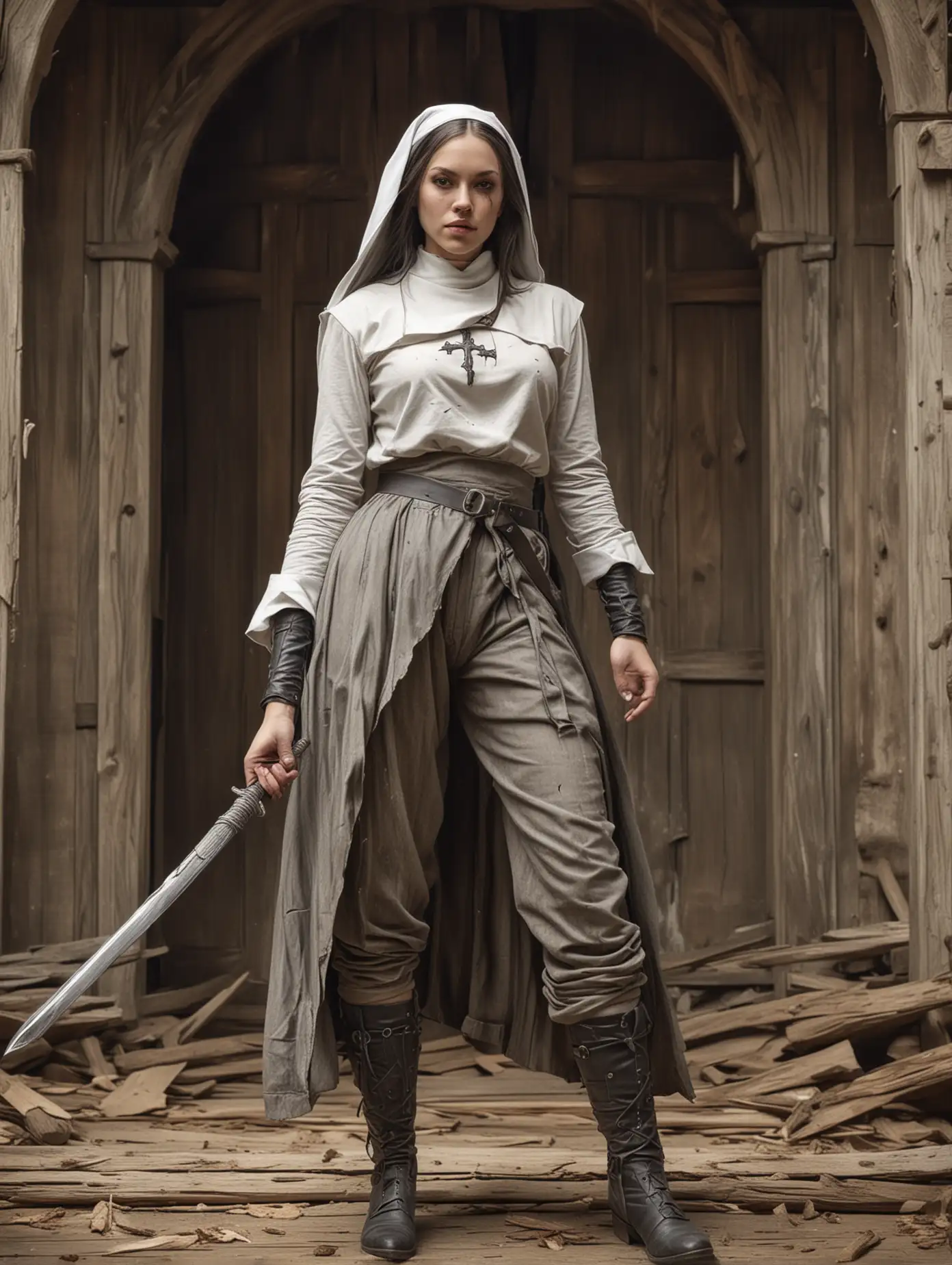 Highly detailed pencil sketch and charcoal drawing of a beauty American woman in cosplay as a nun with torn clothes, long sword was in her hand, standing in dynamic action pose on the old wooden church, dirt moody face, full body view, intricate details, sharp focus, matte colorful organic shape, masterpiece art, high resolution, concept art