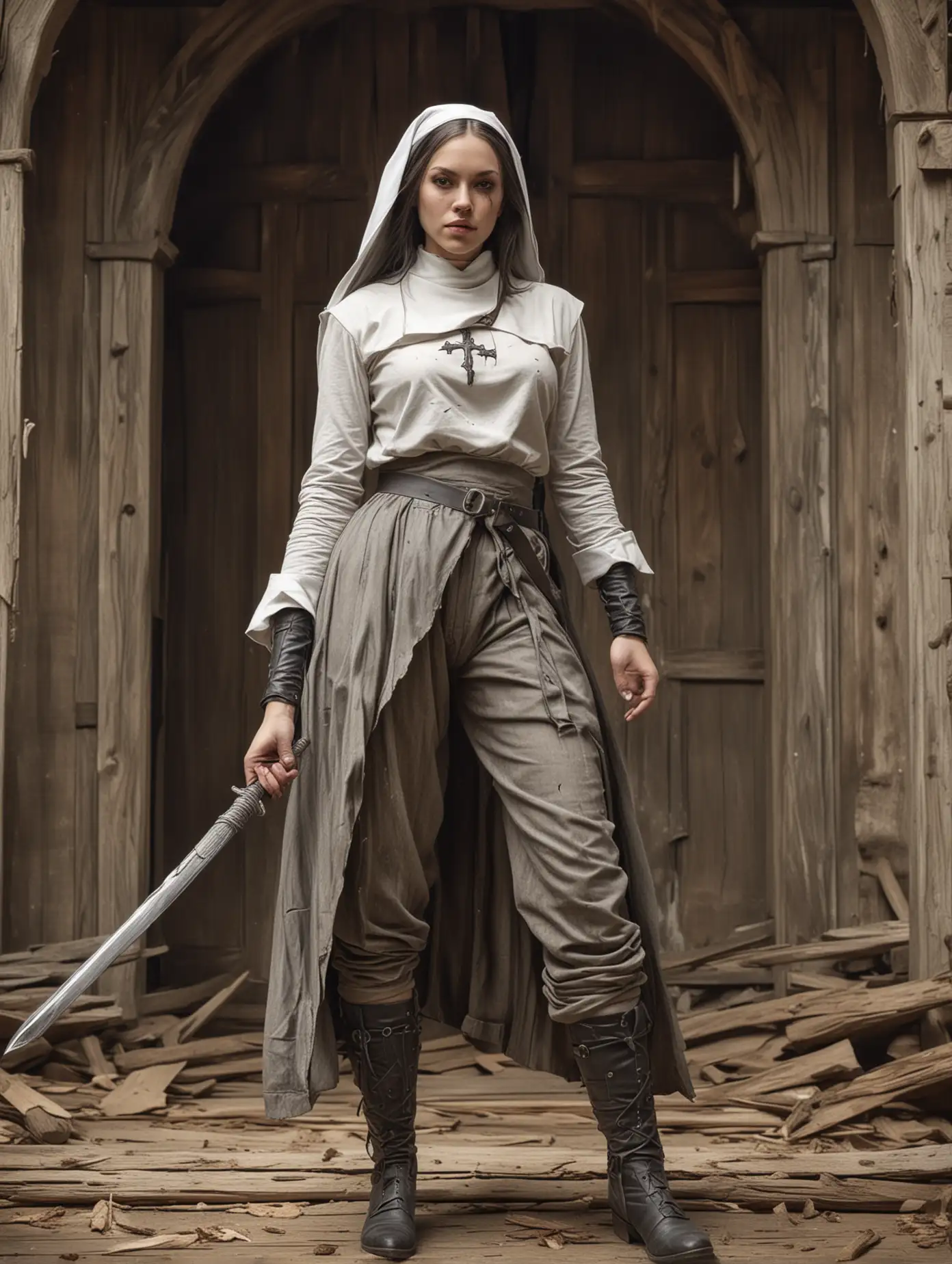 Highly detailed pencil sketch and charcoal drawing of a beauty american woman in cosplay as a nun with torn clothes, long sword was in her hand, standing in dynamic action pose on the old wooden church, dirt moody face, full body view, intricate details, sharp focus, matte colorful organic shape, masterpiece art, high resolution, concept art