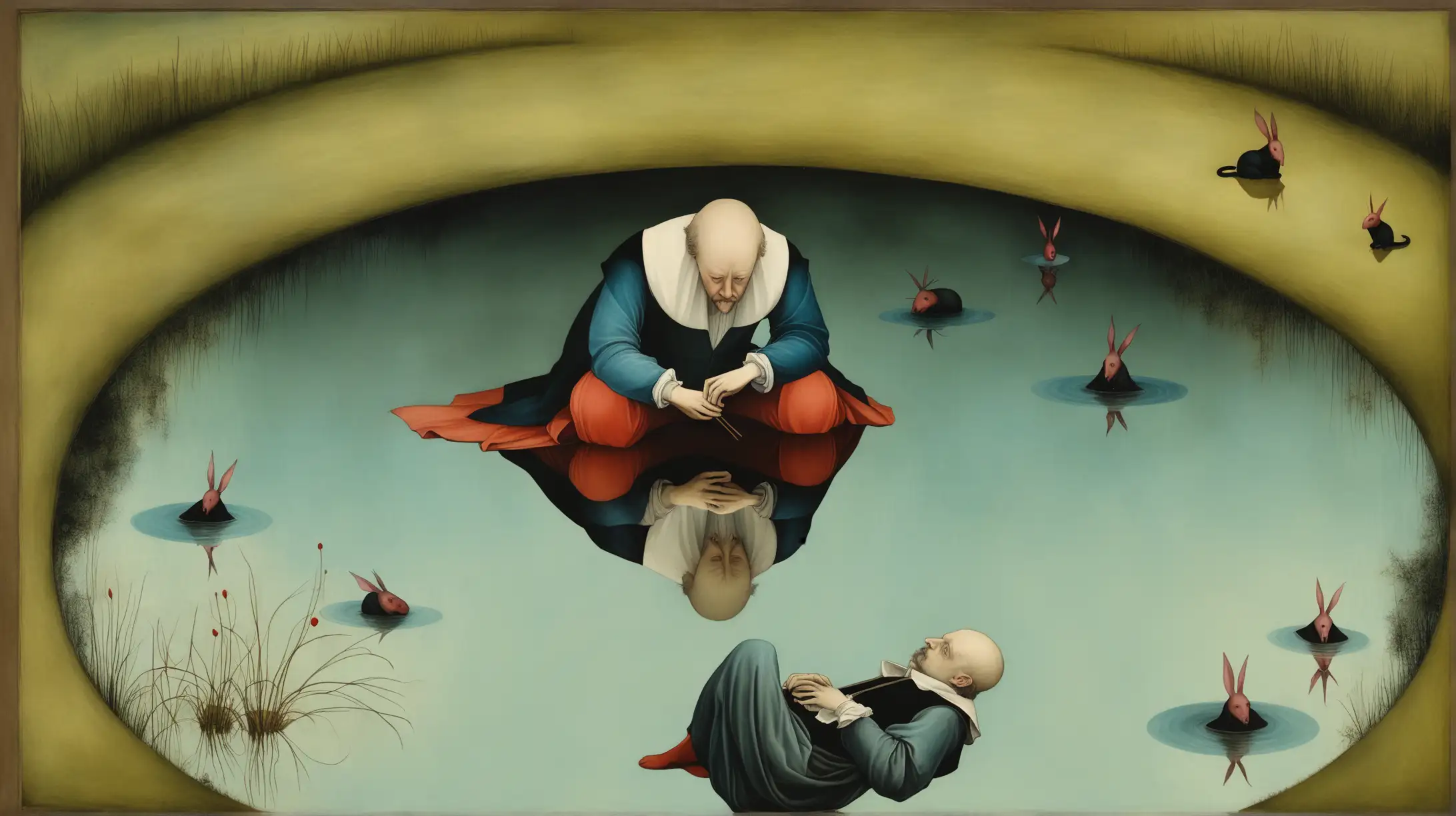 art dealer lean down on his knees reclined gazing at his own reflection in a pool of water. illustrated in the style of Hieronymus Bosch