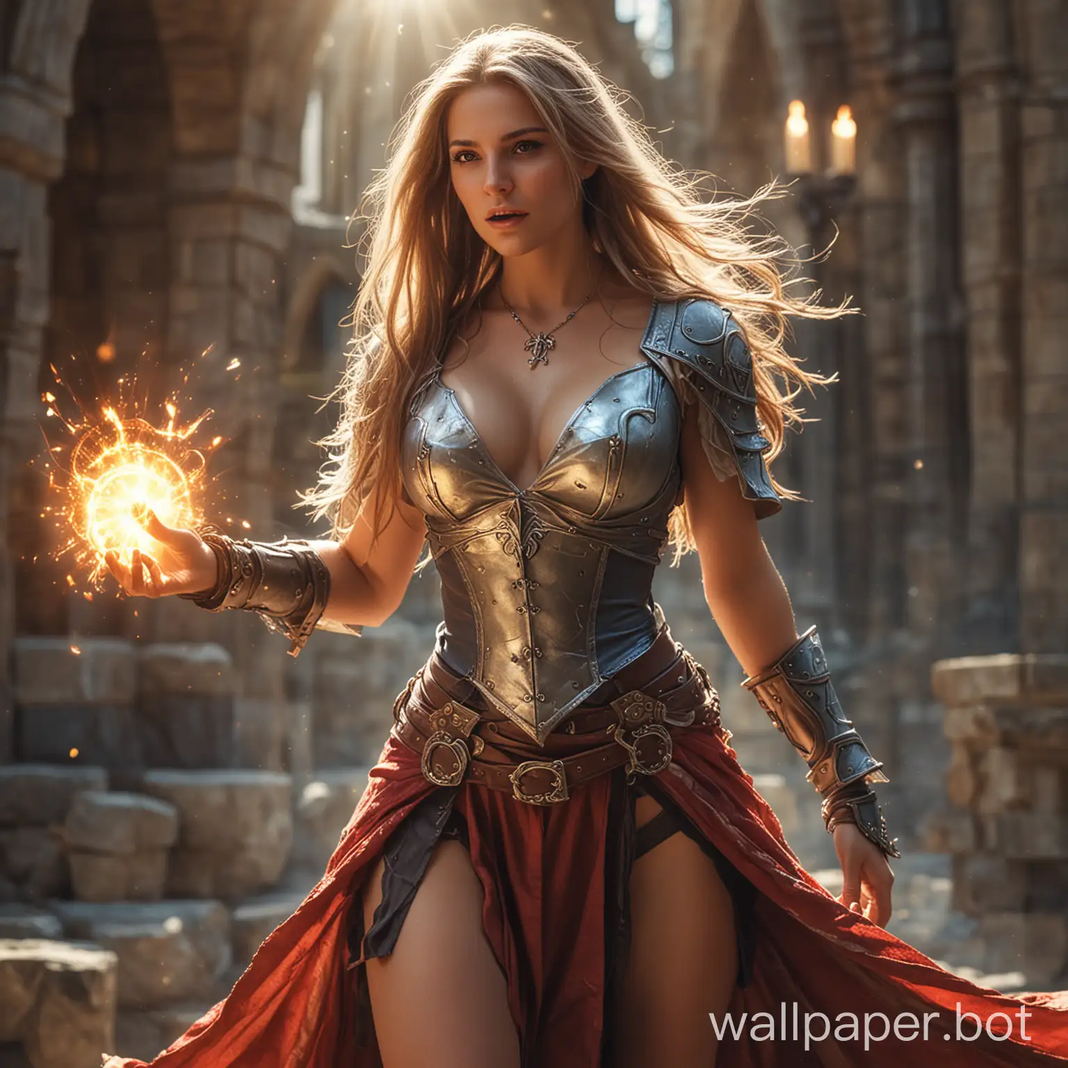 female battlemage with big breast. wear a skimpy dress and skimpy skirt. long hair. spell magic. lens flare. hdr.