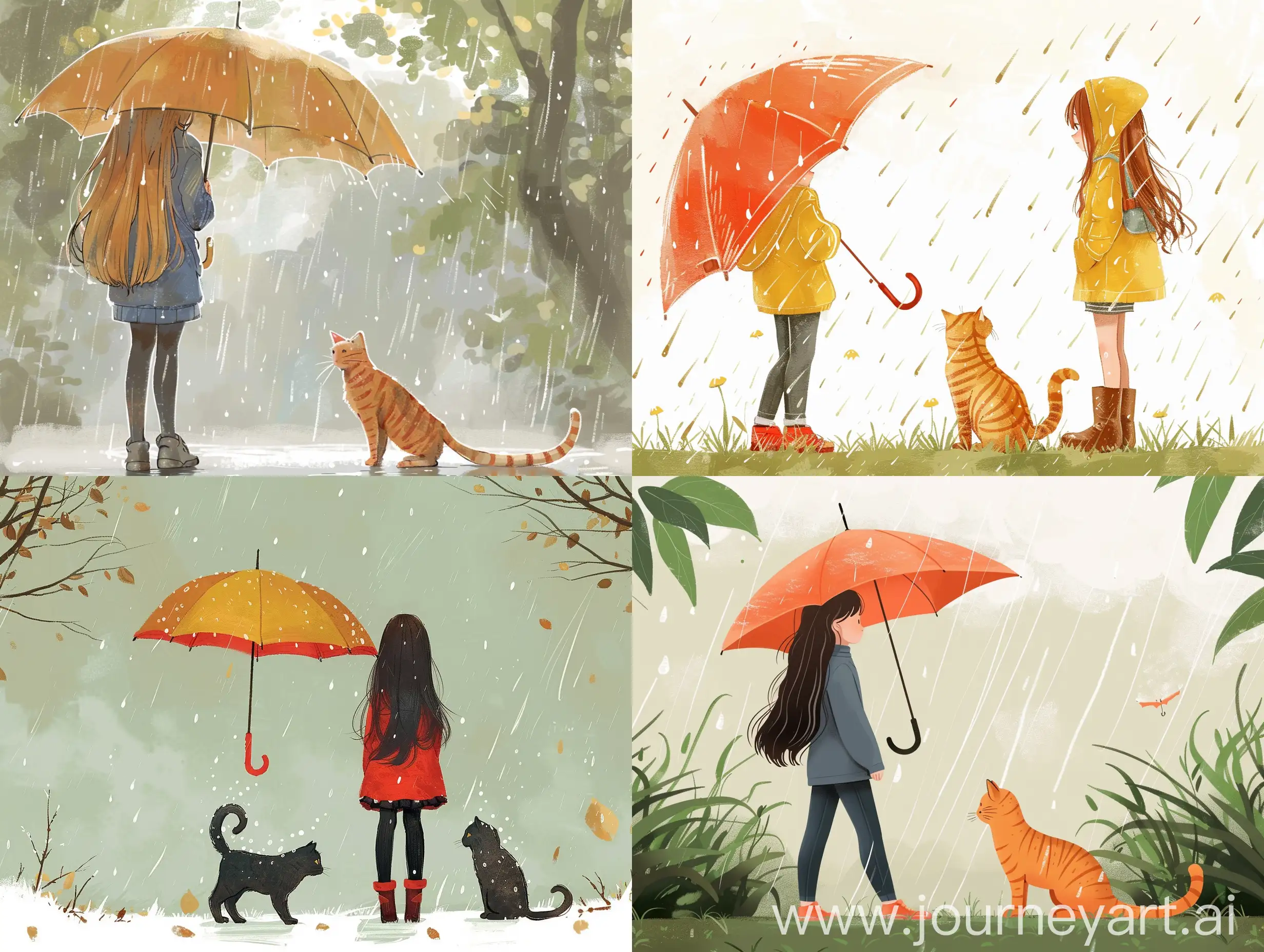 Detailed-Masterpiece-Illustration-of-a-Girl-Standing-with-Cat-under-Umbrella-in-the-Rain