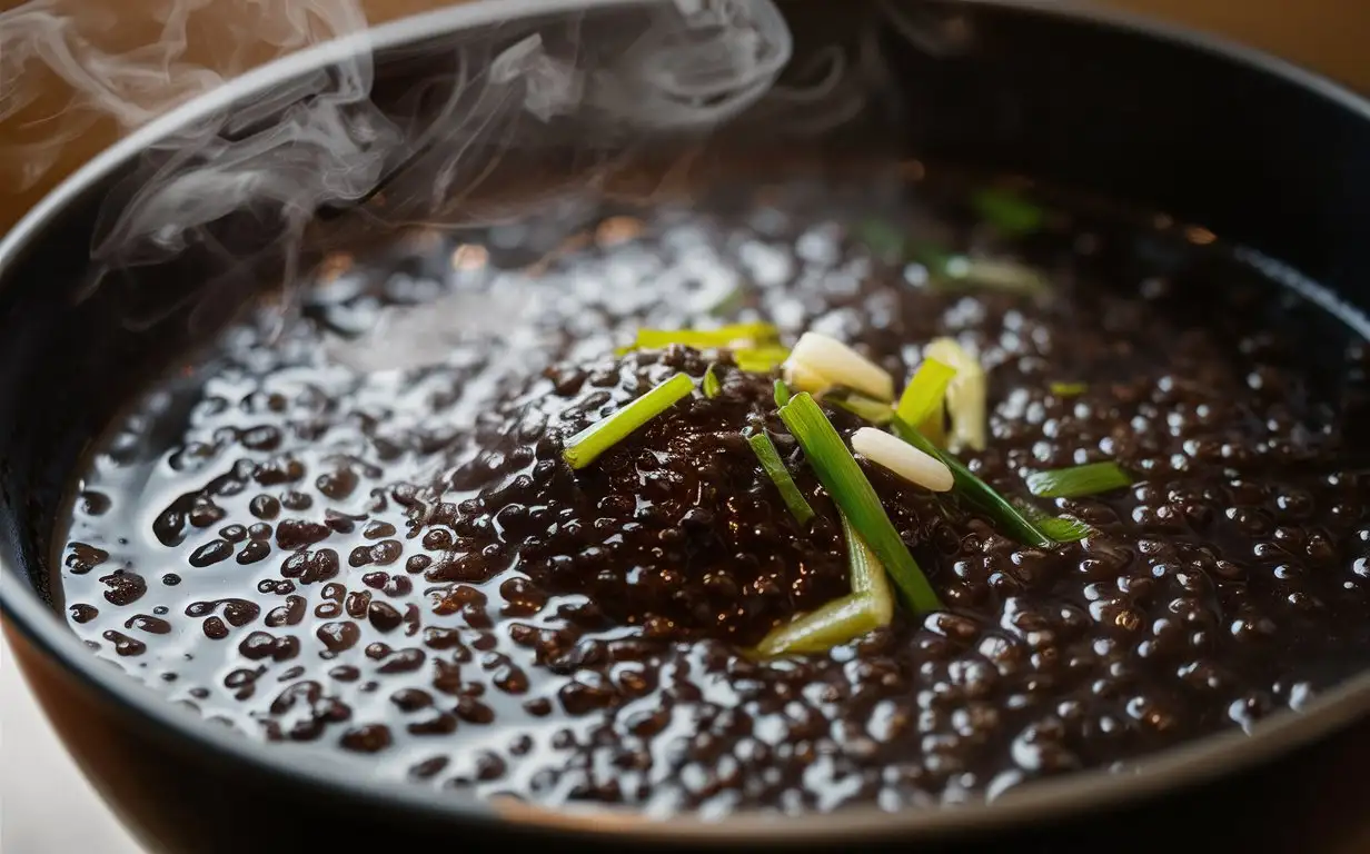 boiling Black Rice Porridge，some scallions on, Very real colors and comfortable light
